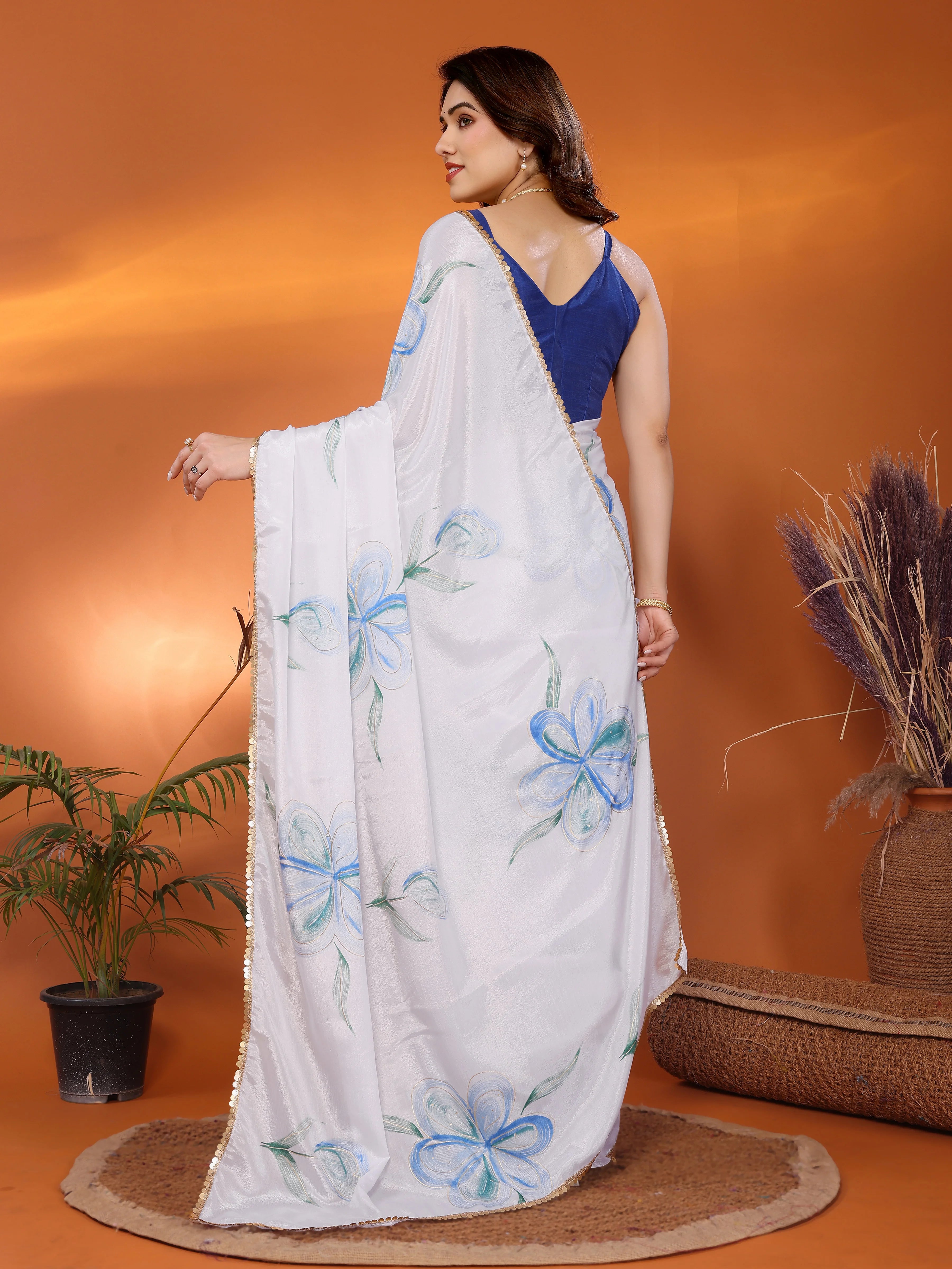 SHYAMIKA Chinon Chiffon Printed Saree with Foil Work & Blouse