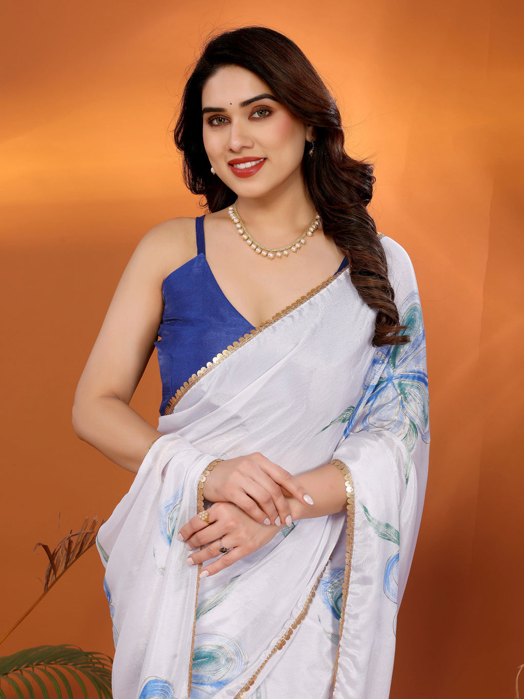 SHYAMIKA Chinon Chiffon Printed Saree with Foil Work & Blouse
