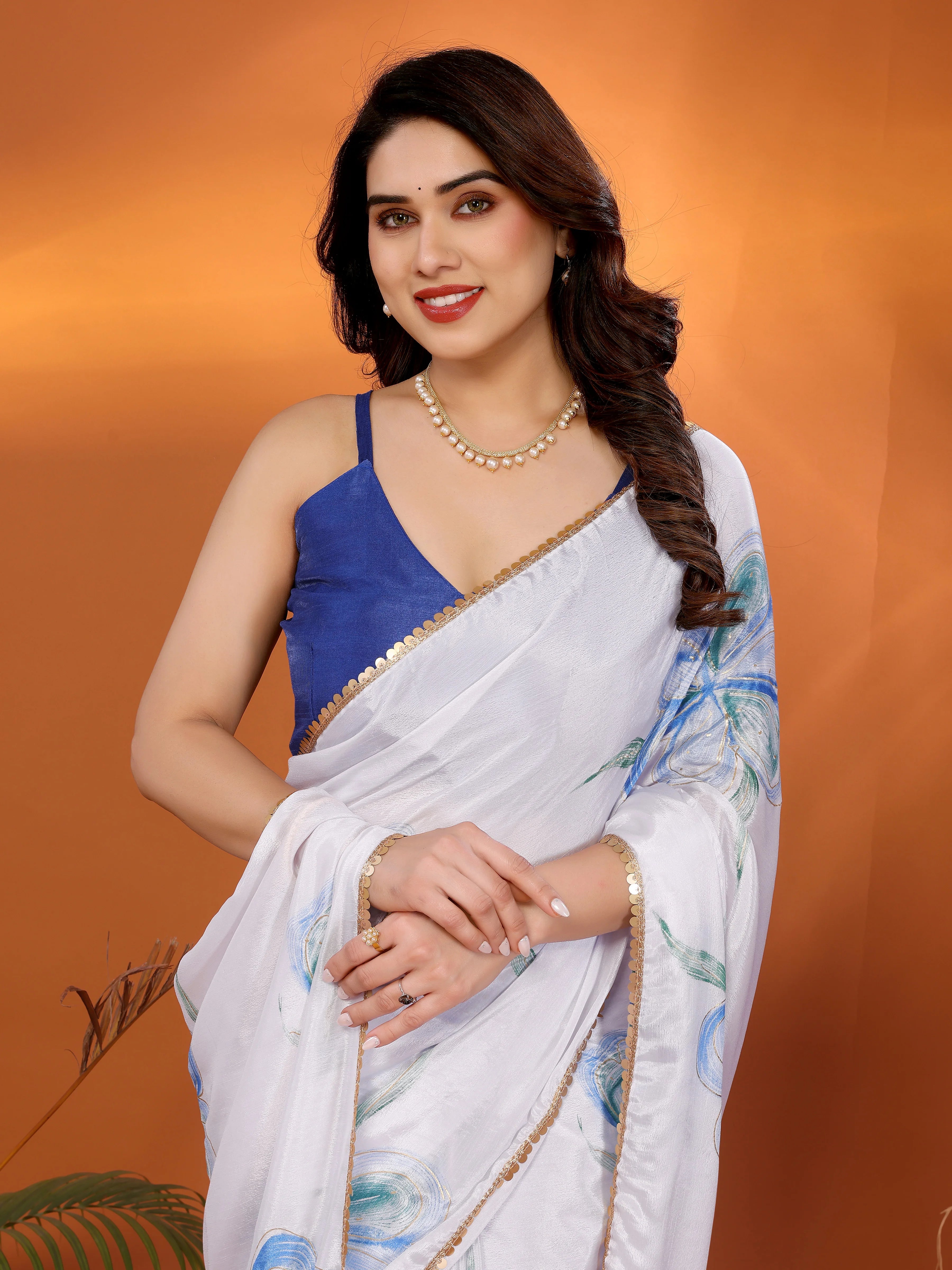 SHYAMIKA Chinon Chiffon Printed Saree with Foil Work & Blouse