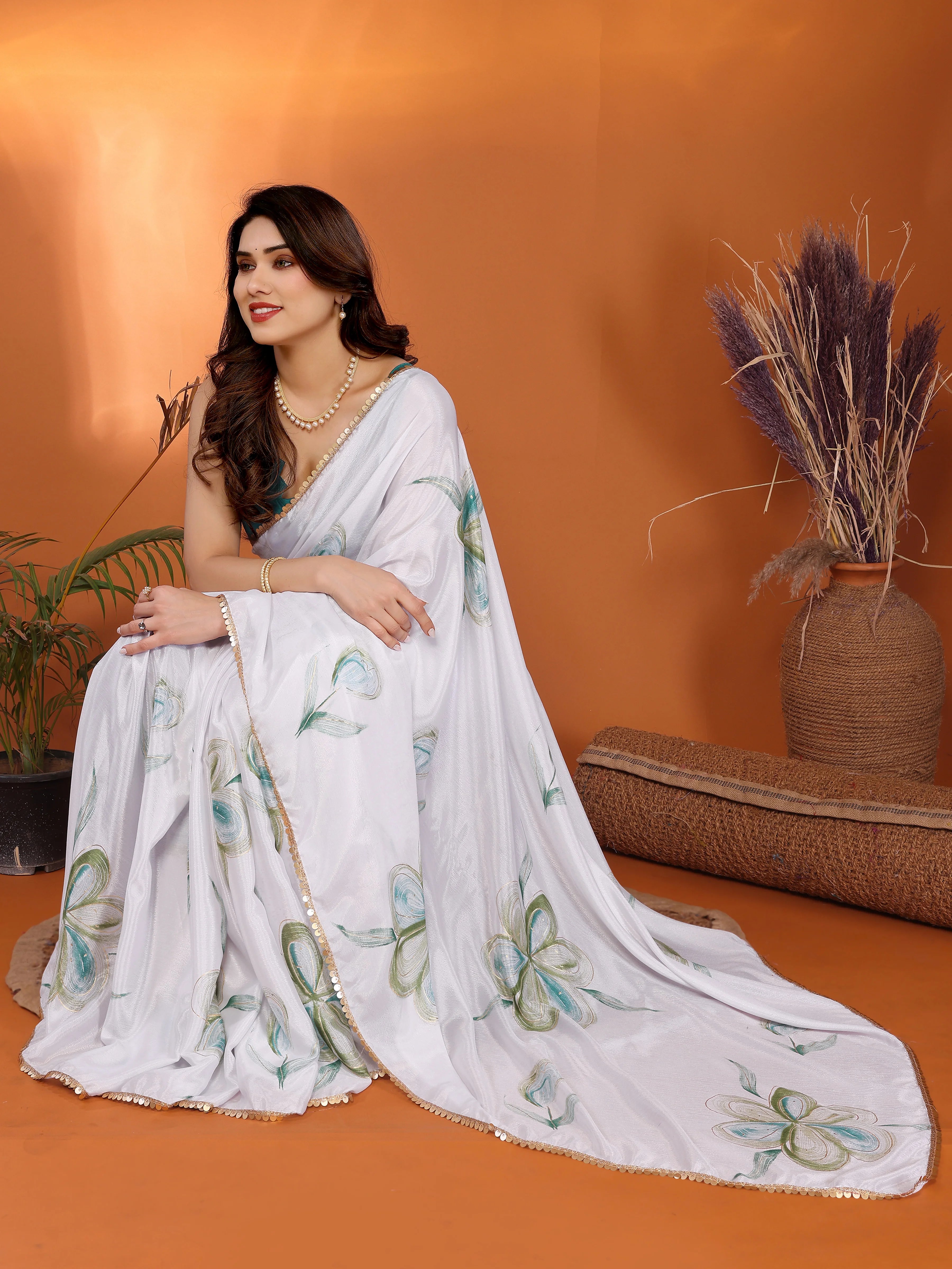 SHYAMIKA Chinon Chiffon Printed Saree with Foil Work & Blouse