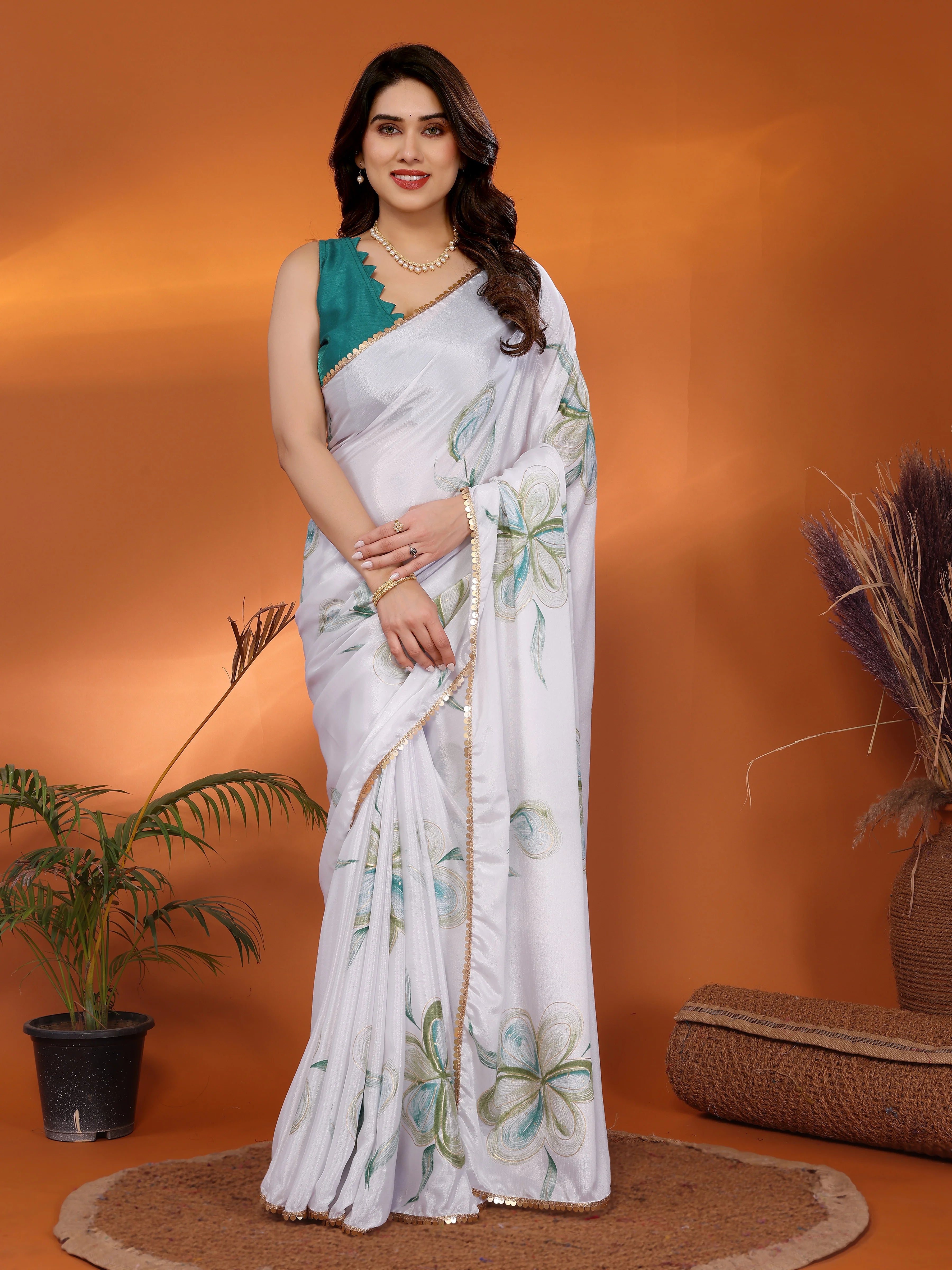SHYAMIKA Chinon Chiffon Printed Saree with Foil Work & Blouse