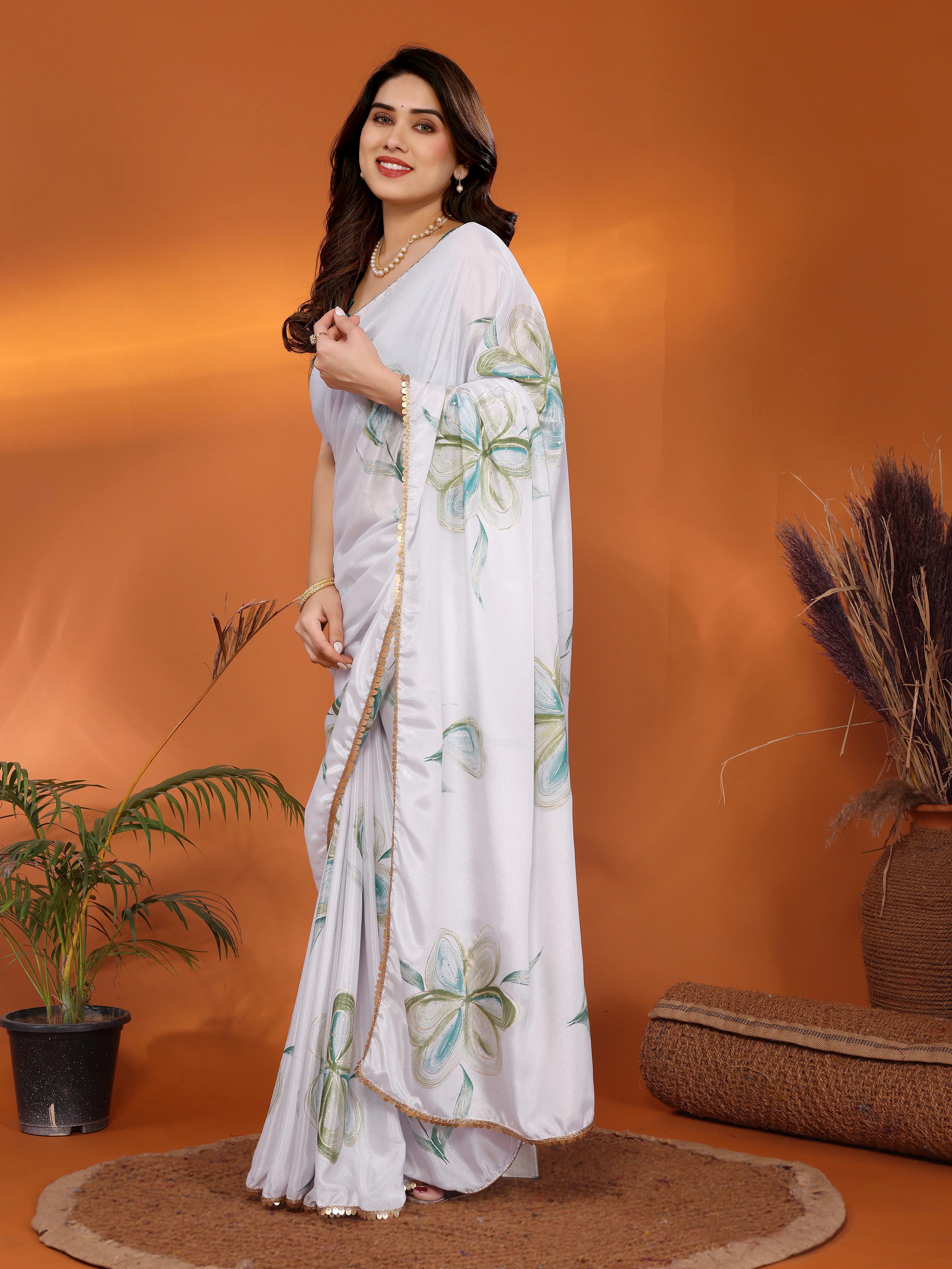 SHYAMIKA Chinon Chiffon Printed Saree with Foil Work & Blouse