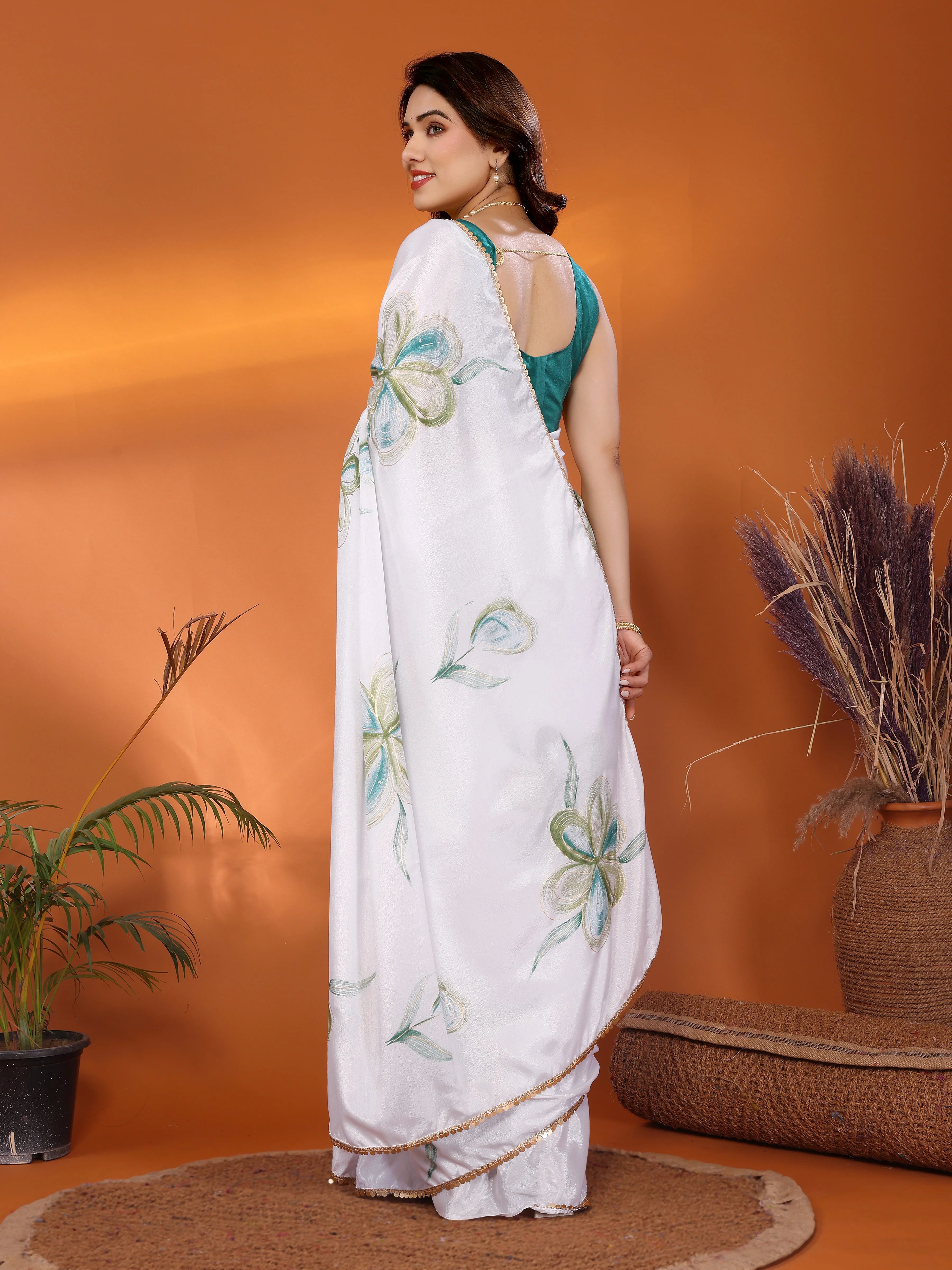 SHYAMIKA Chinon Chiffon Printed Saree with Foil Work & Blouse