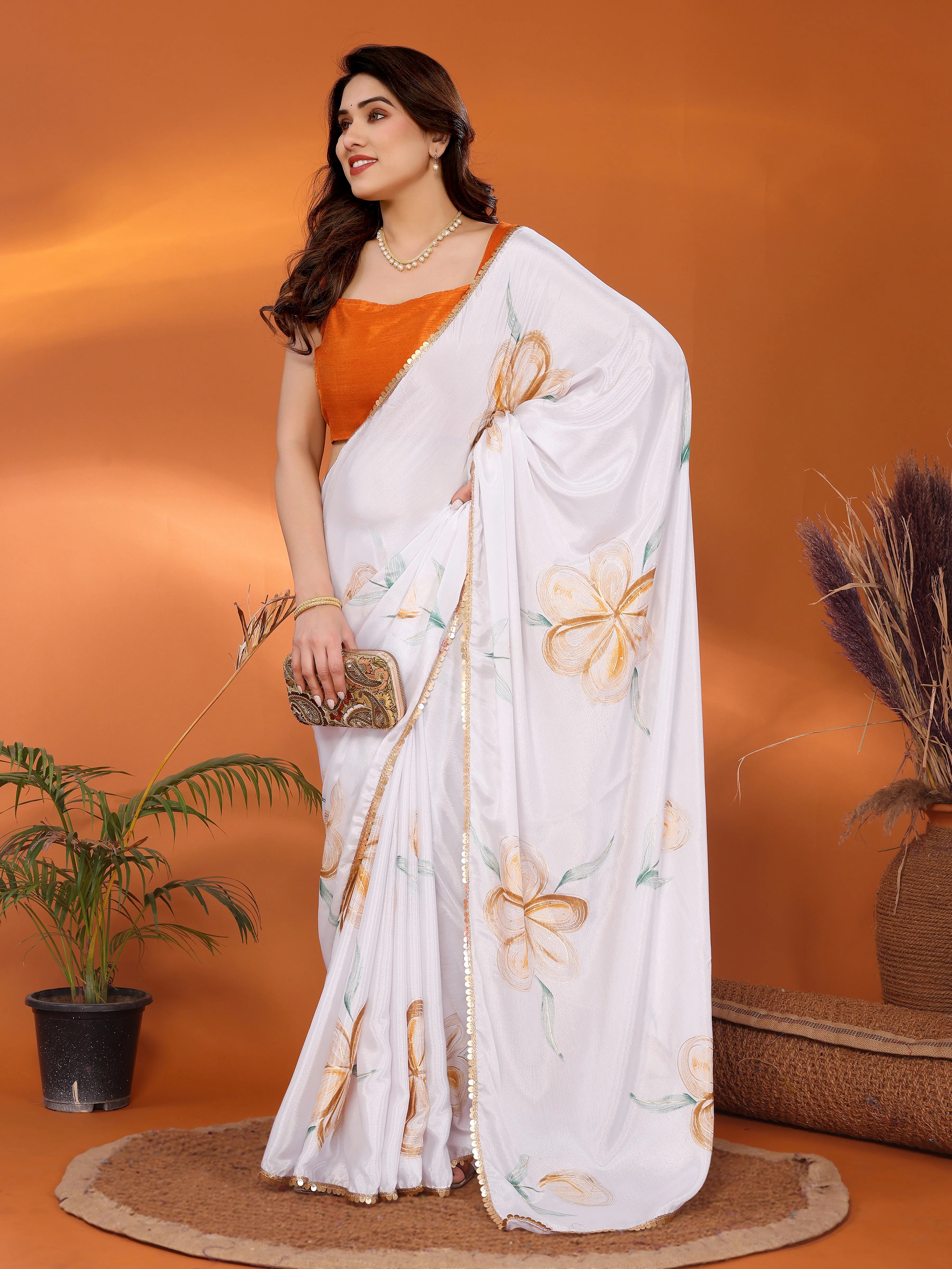 SHYAMIKA Chinon Chiffon Printed Saree with Foil Work & Blouse