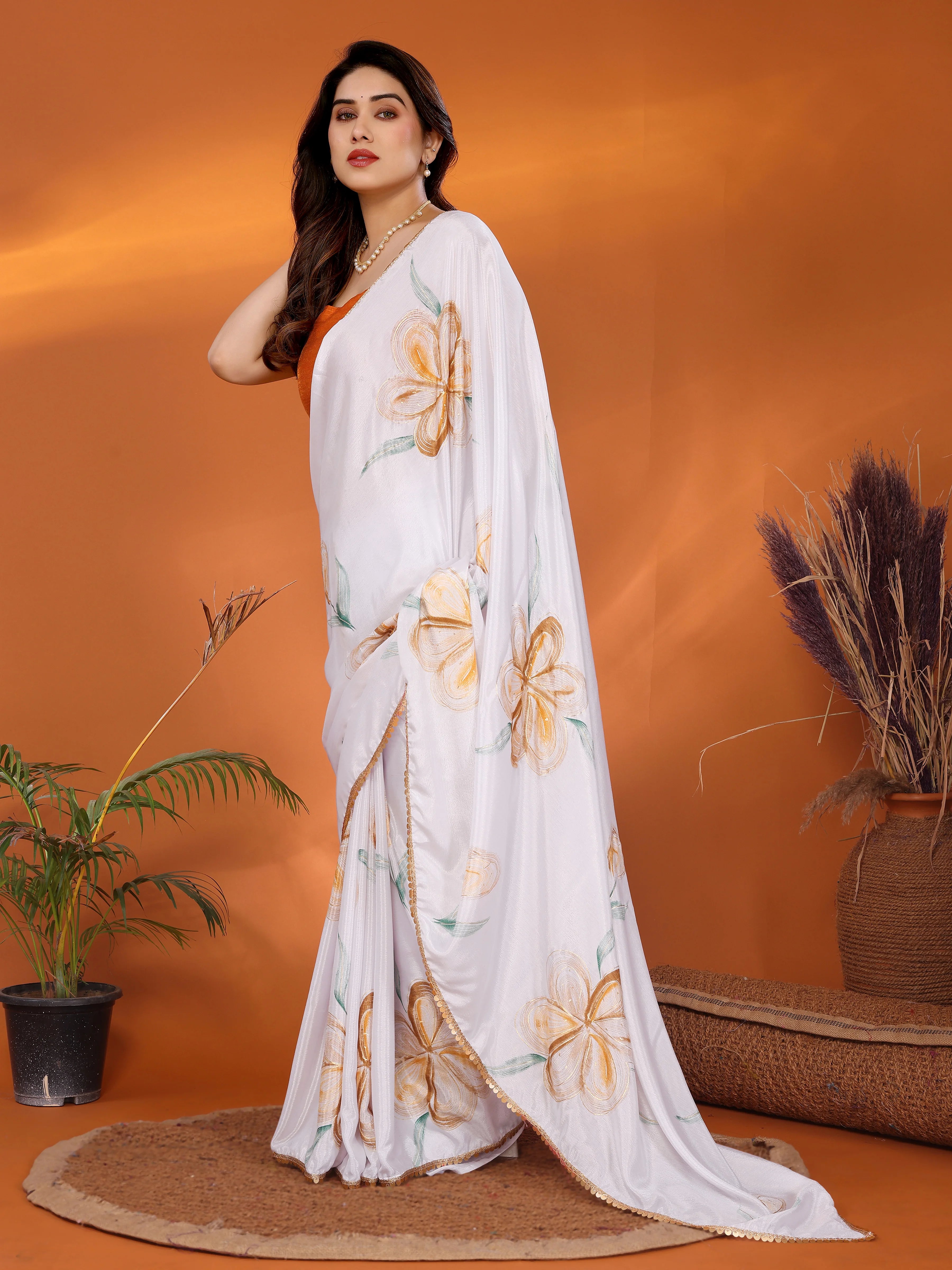 SHYAMIKA Chinon Chiffon Printed Saree with Foil Work & Blouse