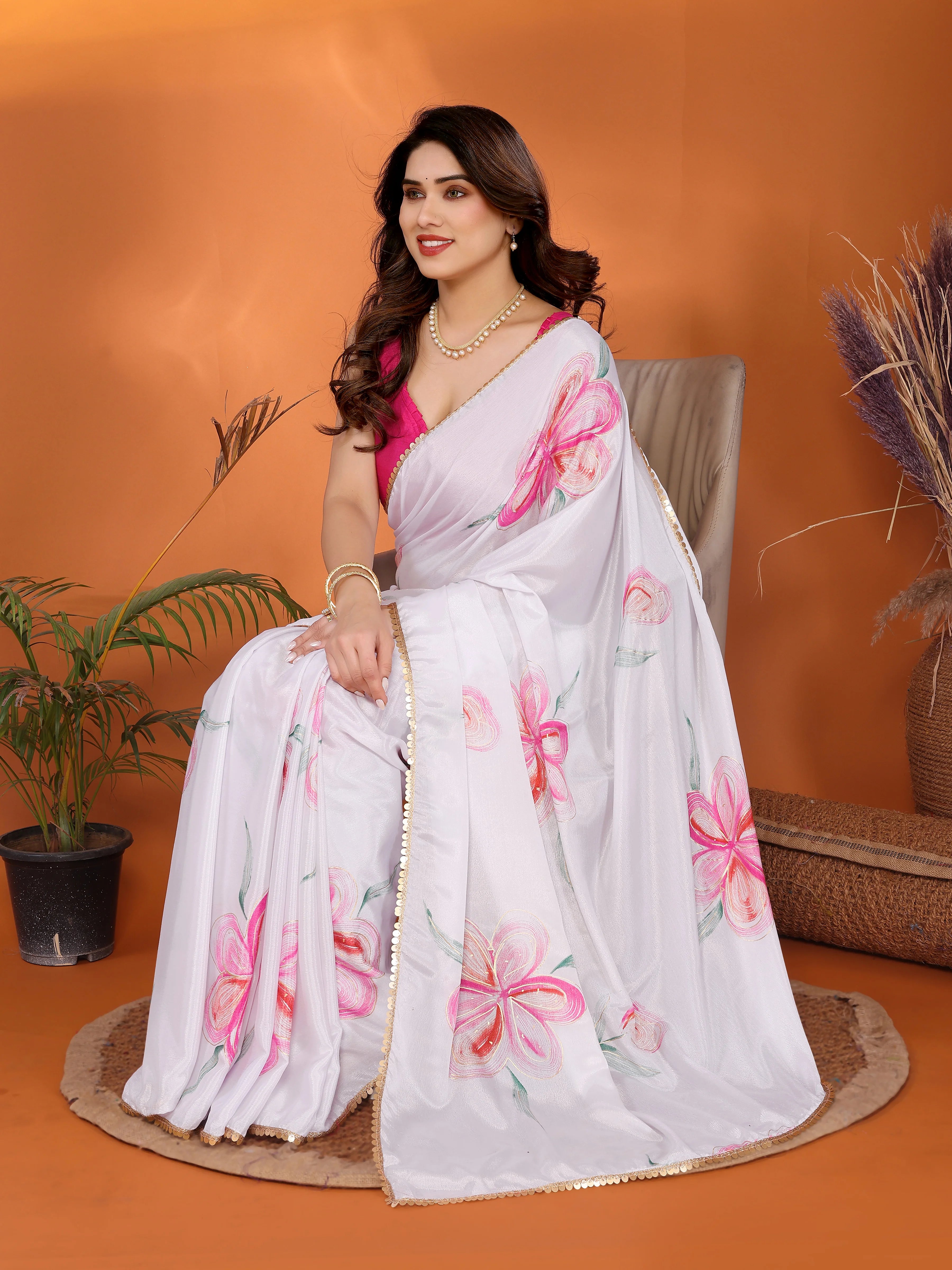 SHYAMIKA Chinon Chiffon Printed Saree with Foil Work & Blouse