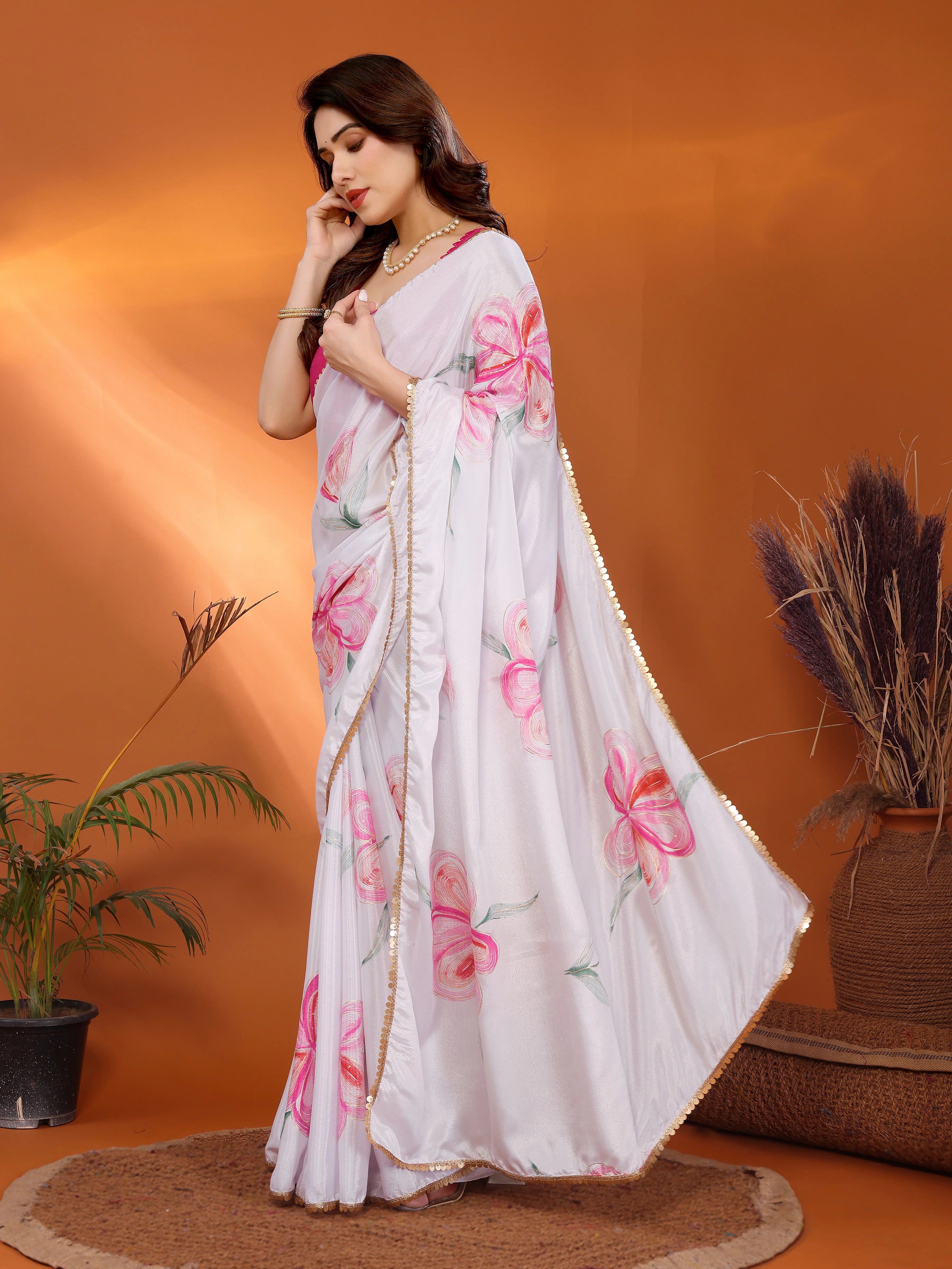 SHYAMIKA Chinon Chiffon Printed Saree with Foil Work & Blouse