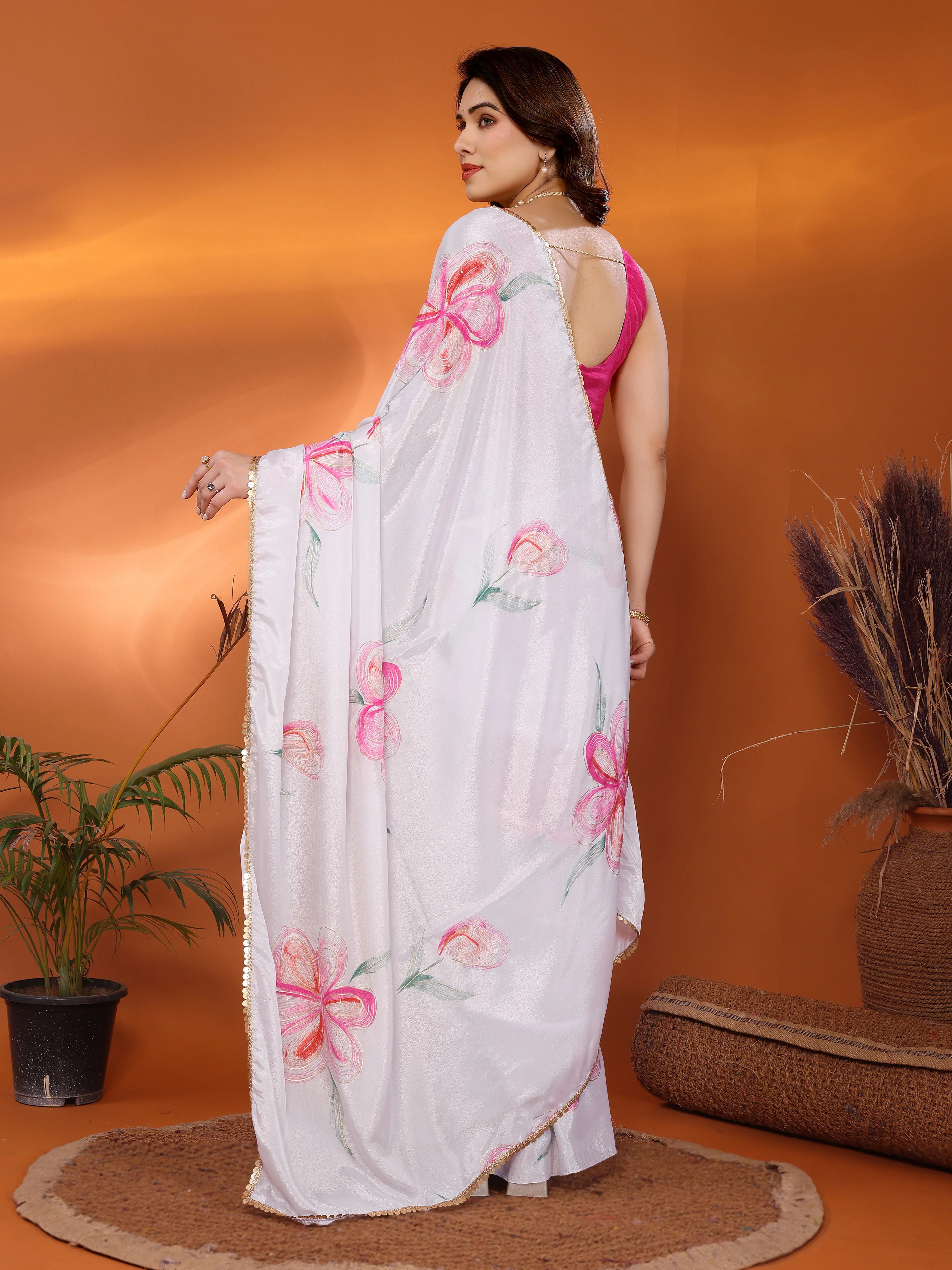 SHYAMIKA Chinon Chiffon Printed Saree with Foil Work & Blouse
