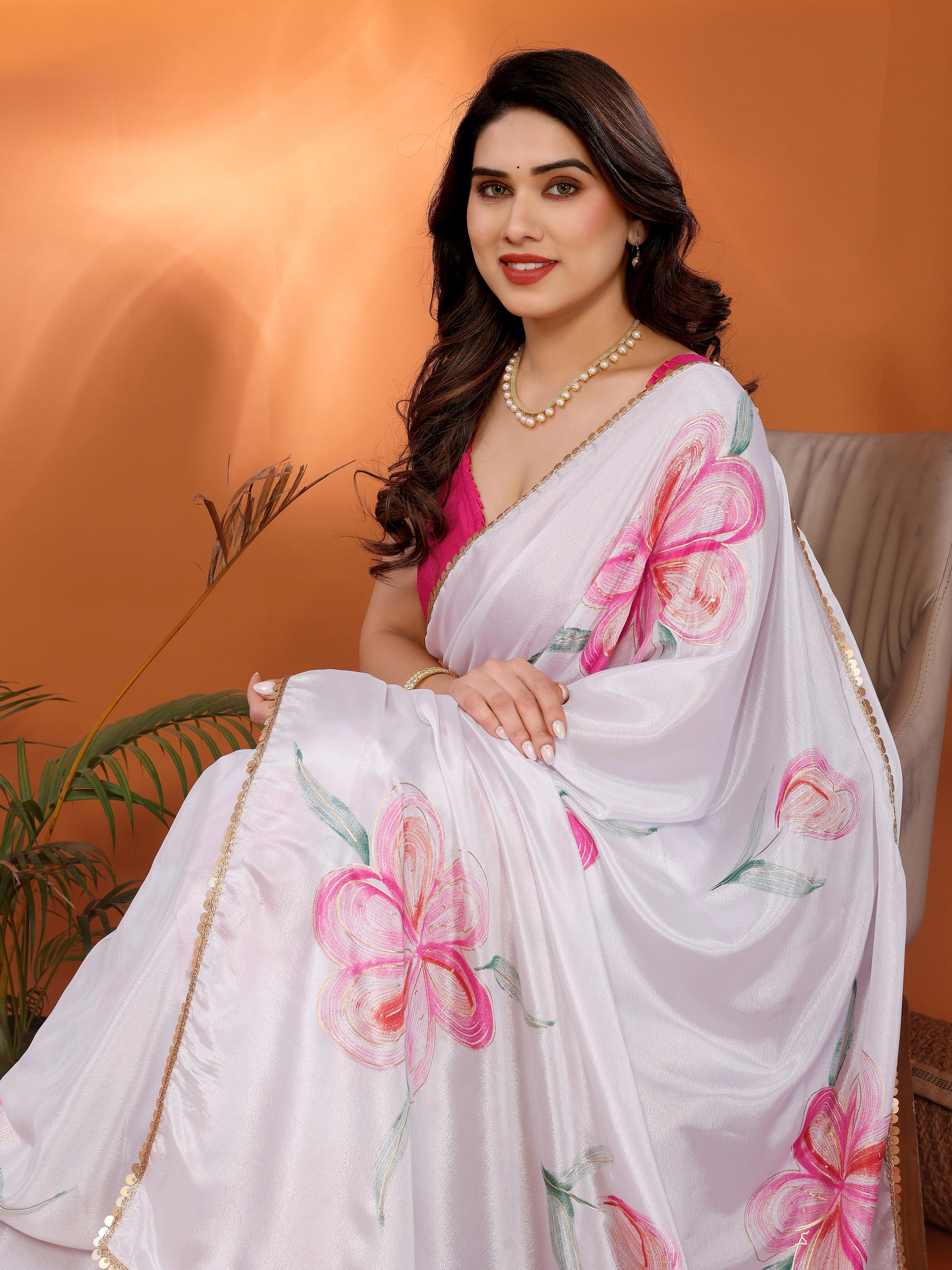 SHYAMIKA Chinon Chiffon Printed Saree with Foil Work & Blouse