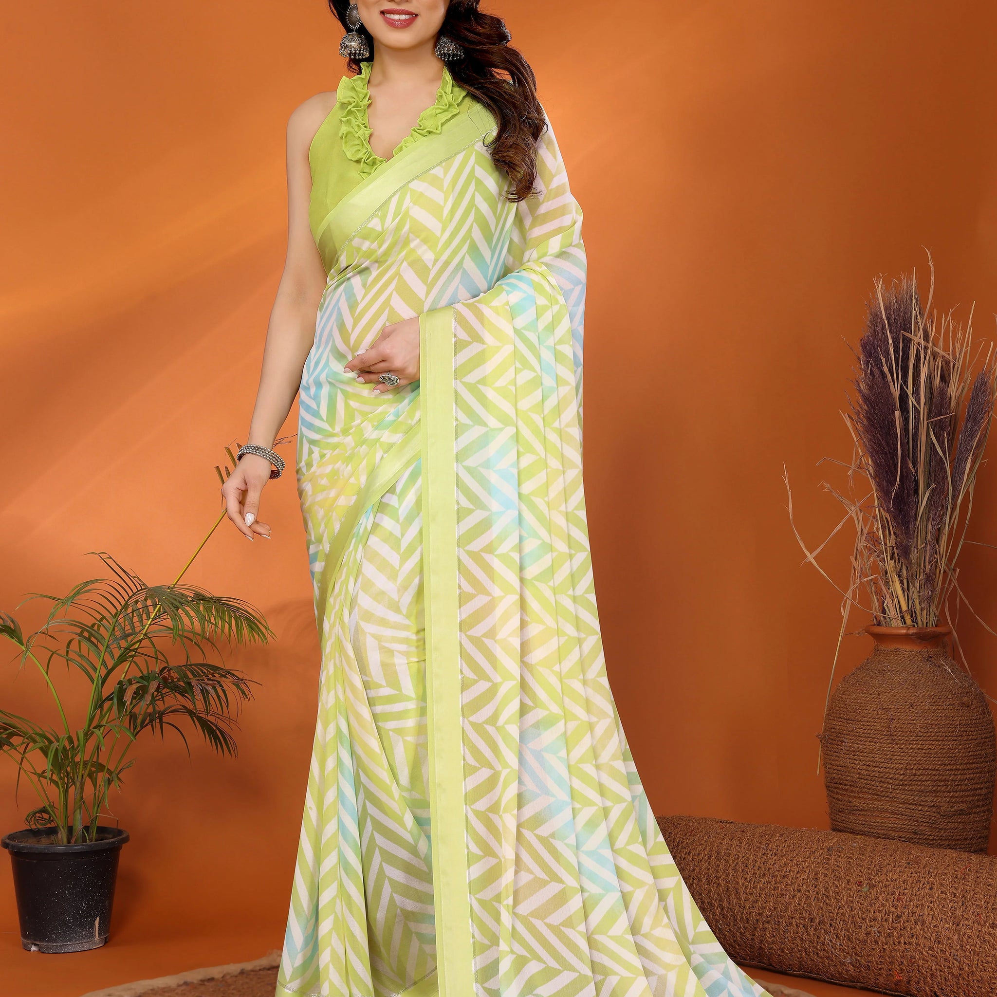 SHYAMIKA Bright Moss Satin Patta Printed Saree with Blouse