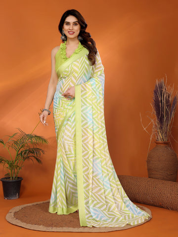 SHYAMIKA Bright Moss Satin Patta Printed Saree with Blouse