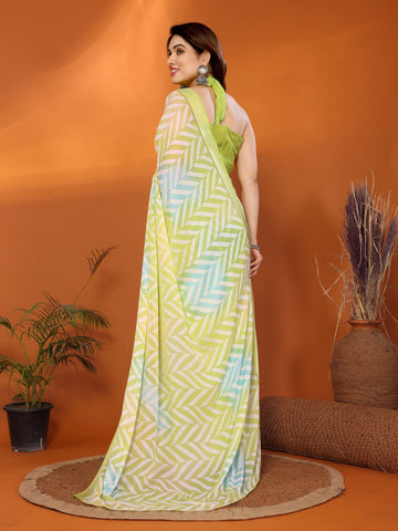 SHYAMIKA Bright Moss Satin Patta Printed Saree with Blouse