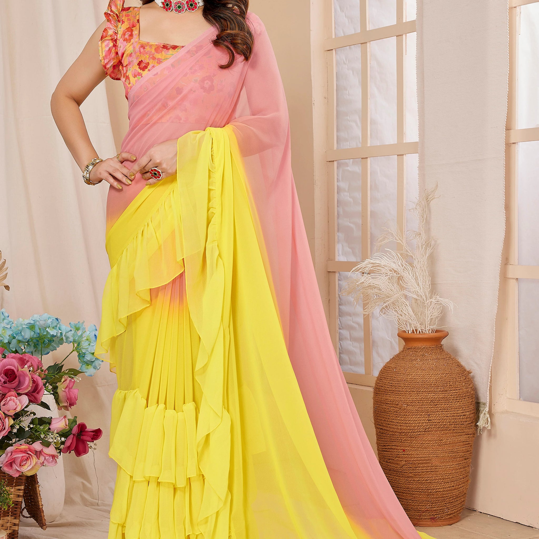 SHYAMIKA Ruffle Jhumar Saree with Printed Blouse