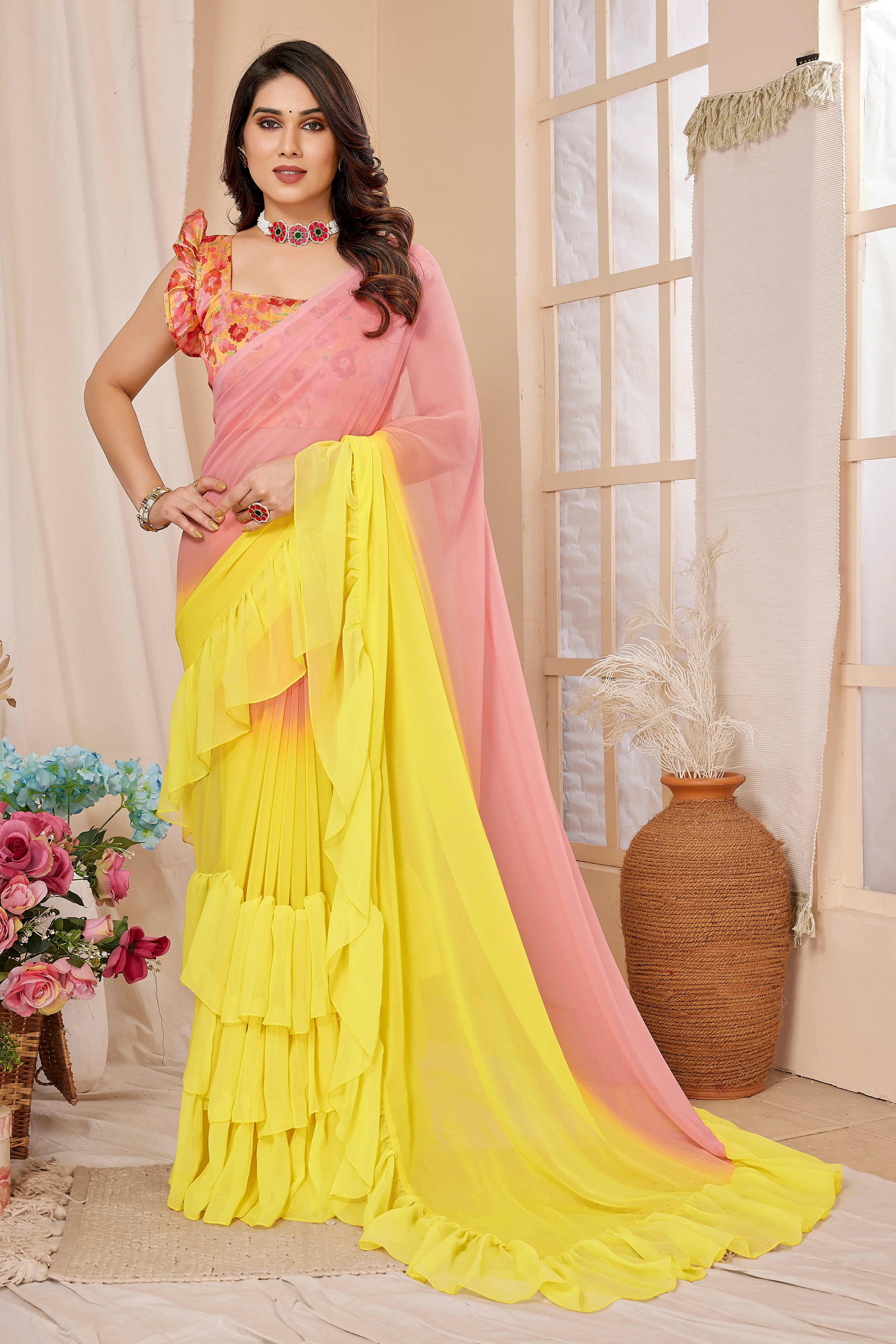 SHYAMIKA Ruffle Jhumar Saree with Printed Blouse