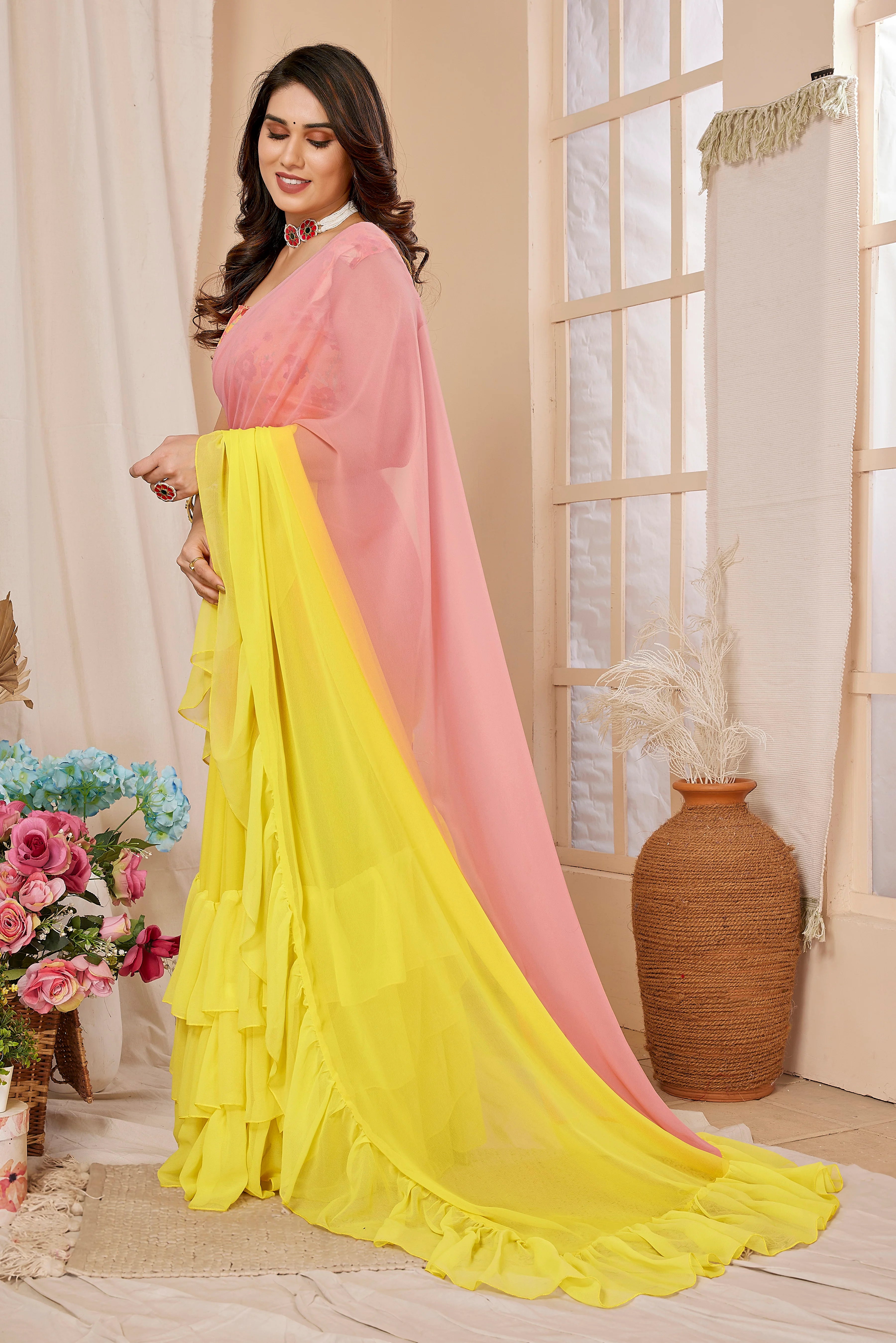 SHYAMIKA Ruffle Jhumar Saree with Printed Blouse
