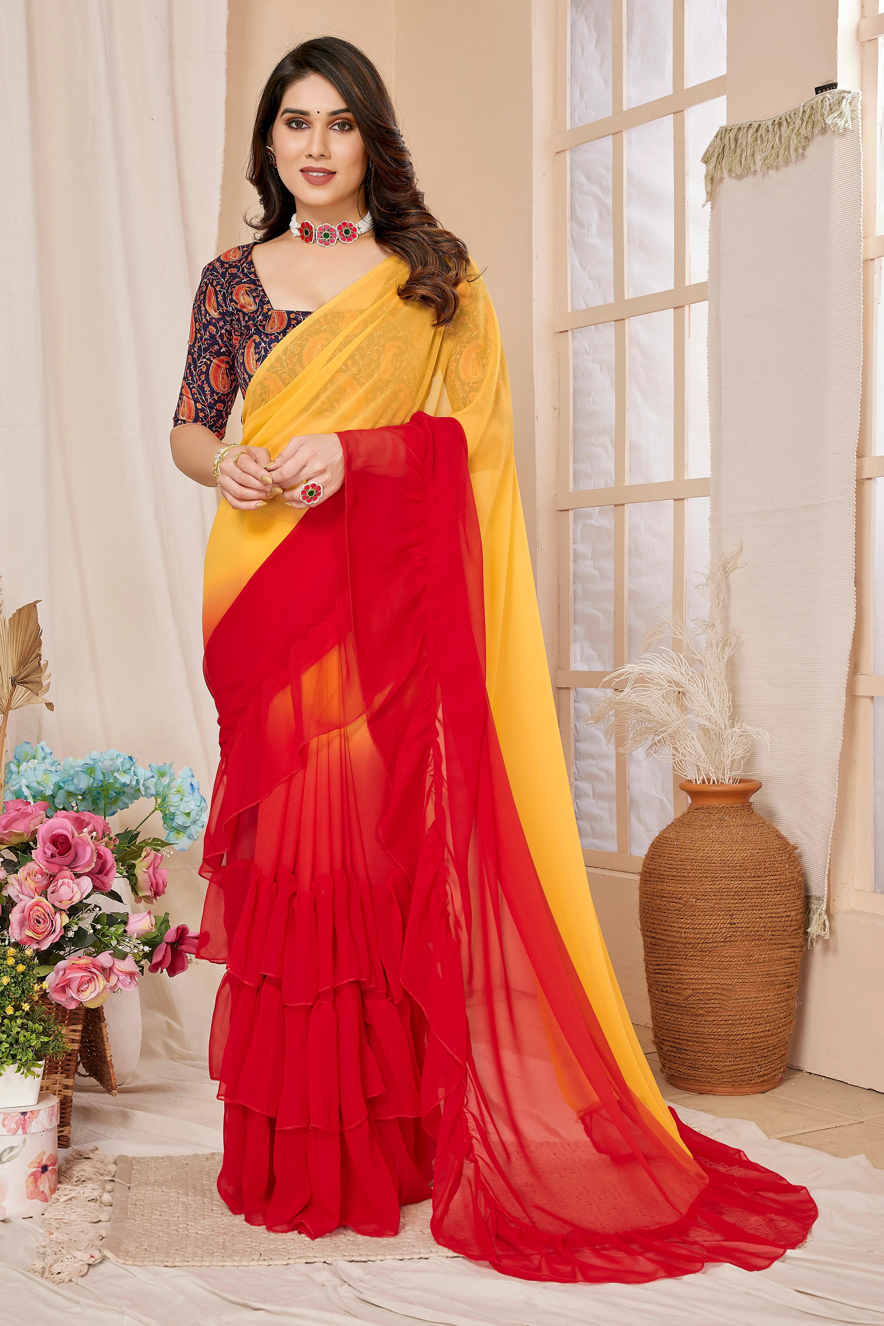 SHYAMIKA Ruffle Jhumar Saree with Printed Blouse