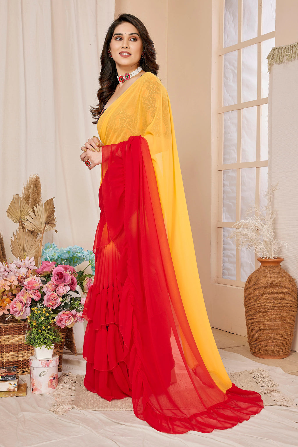 SHYAMIKA Ruffle Jhumar Saree with Printed Blouse