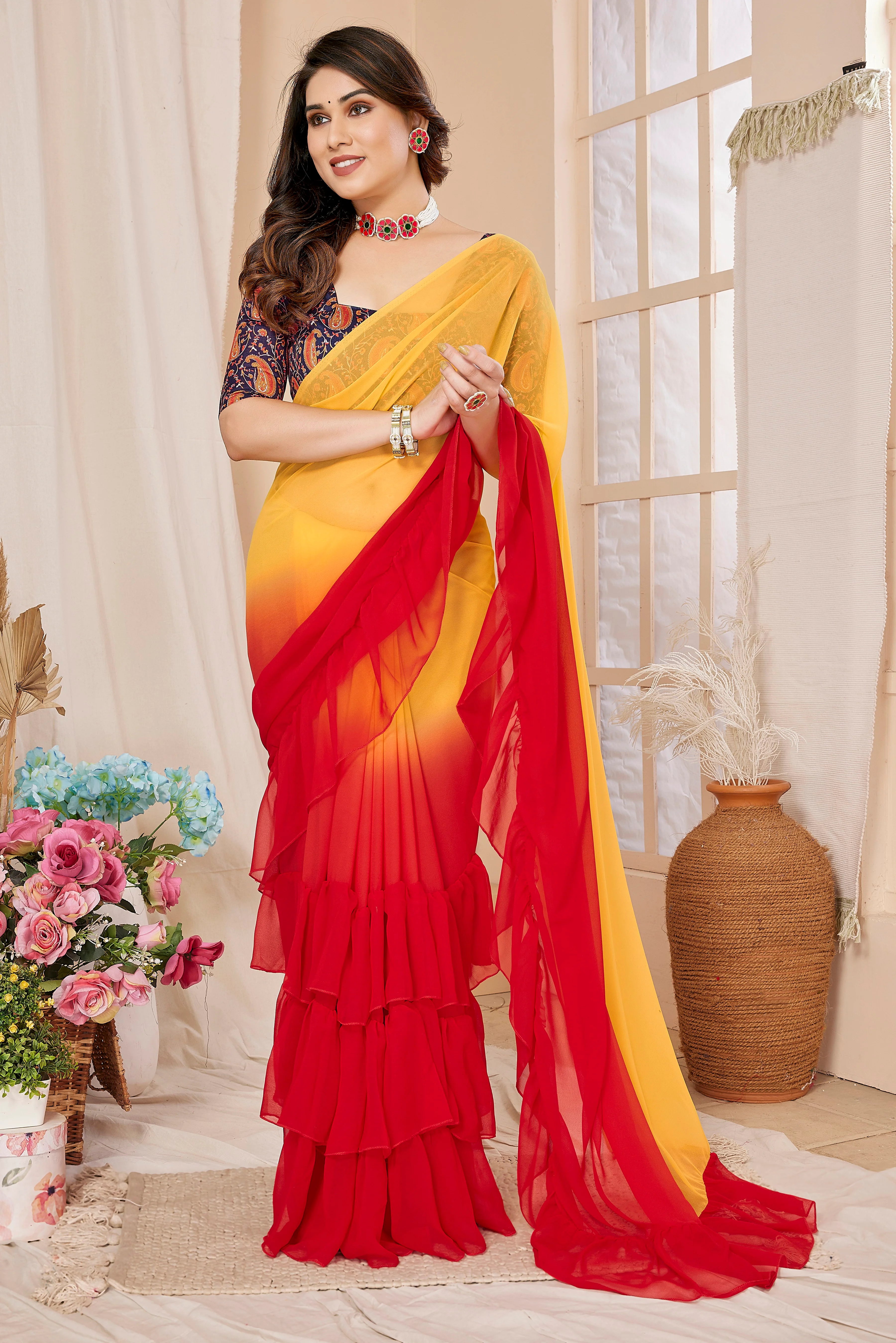 SHYAMIKA Ruffle Jhumar Saree with Printed Blouse