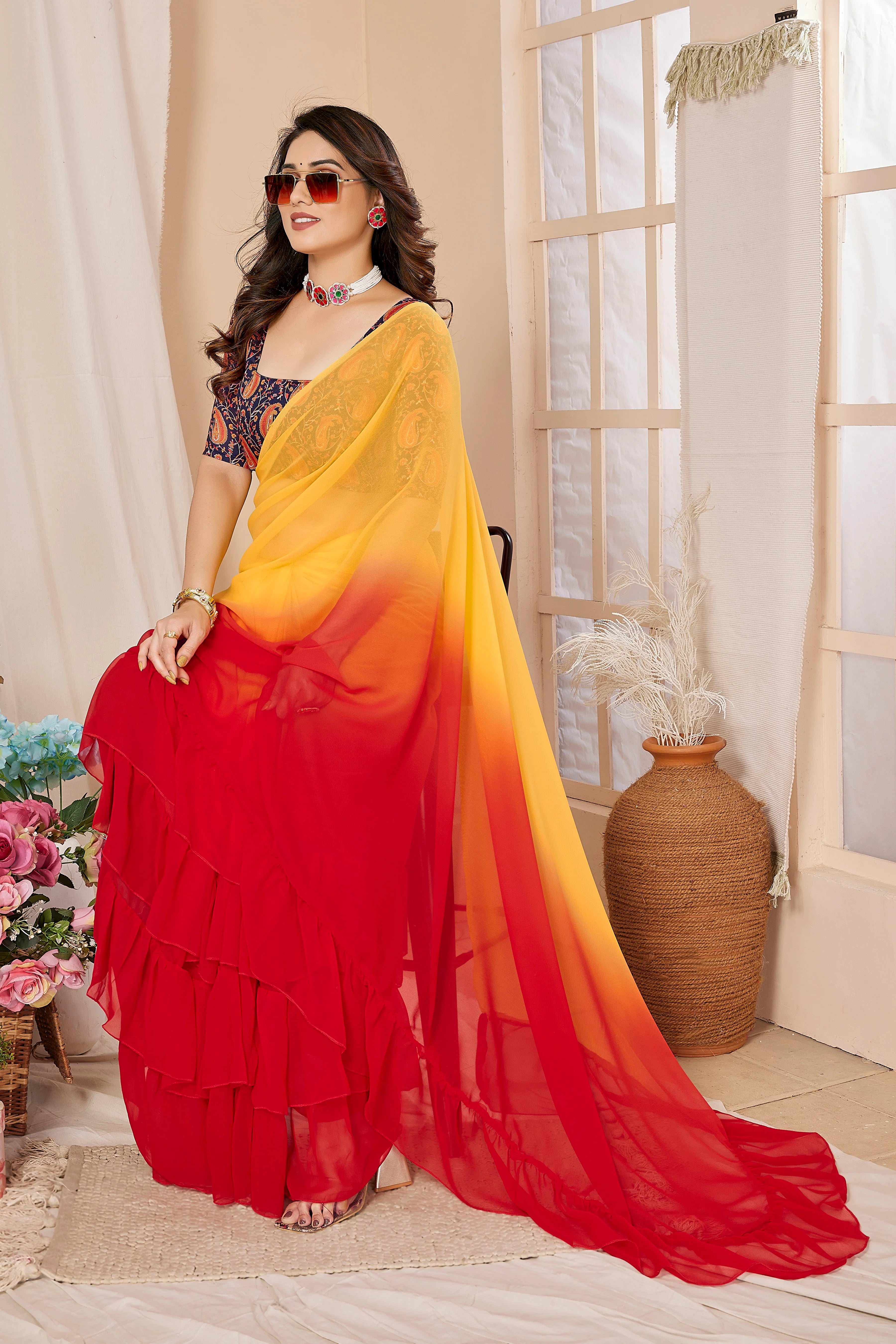 SHYAMIKA Ruffle Jhumar Saree with Printed Blouse