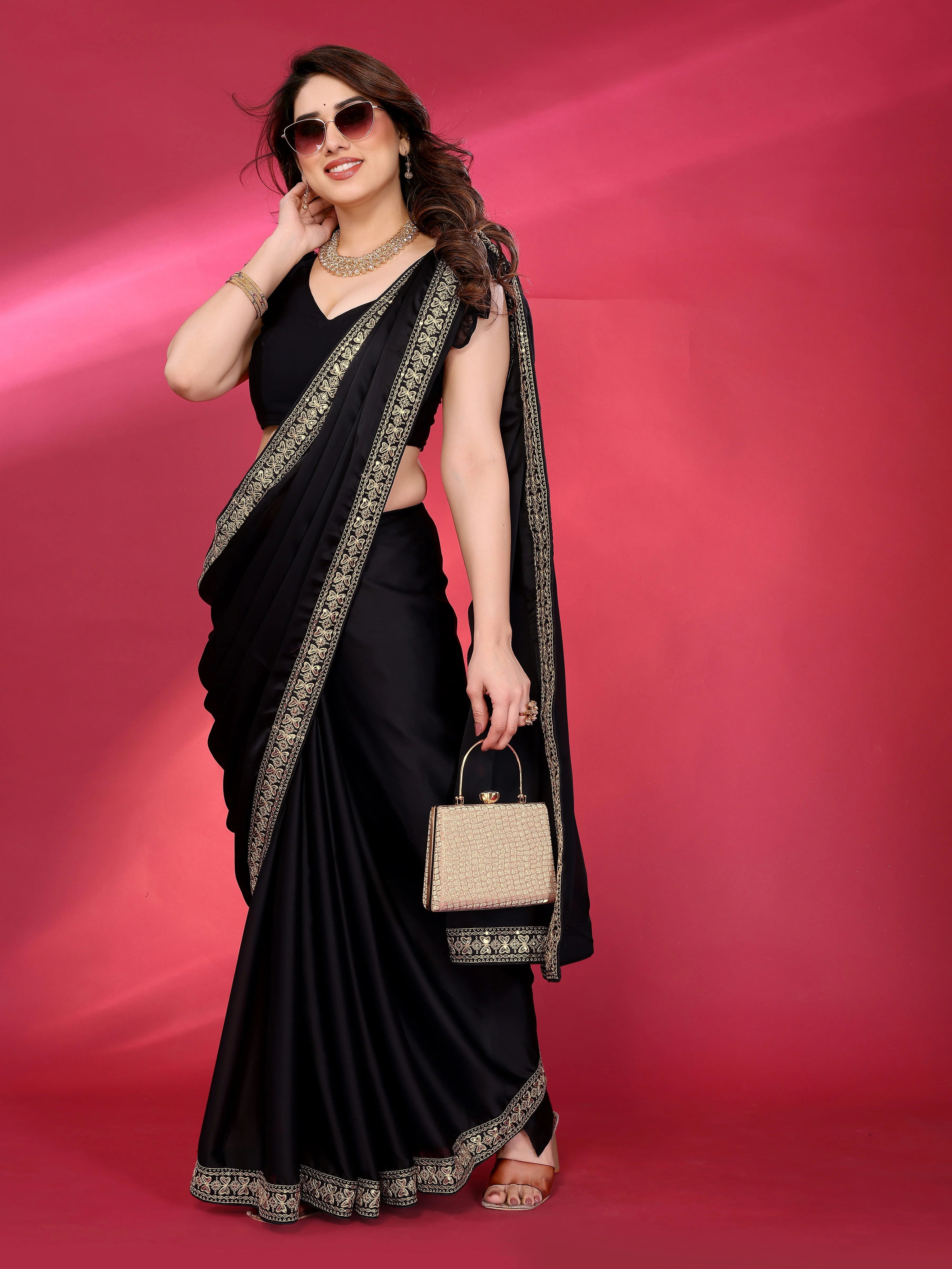 SHYAMIKA Plain Georgette Saree with Embroidery Work Lace
