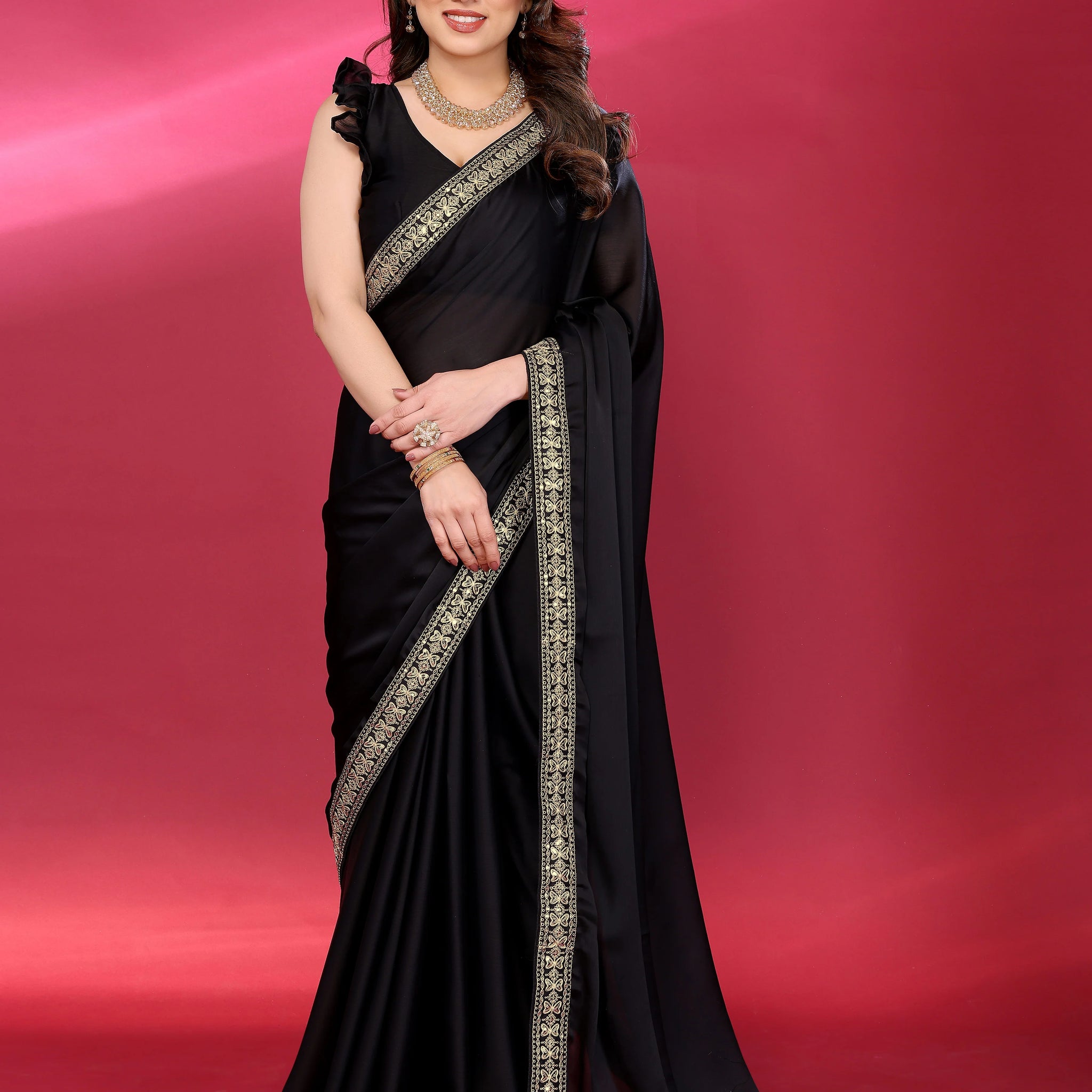 SHYAMIKA Plain Georgette Saree with Embroidery Work Lace