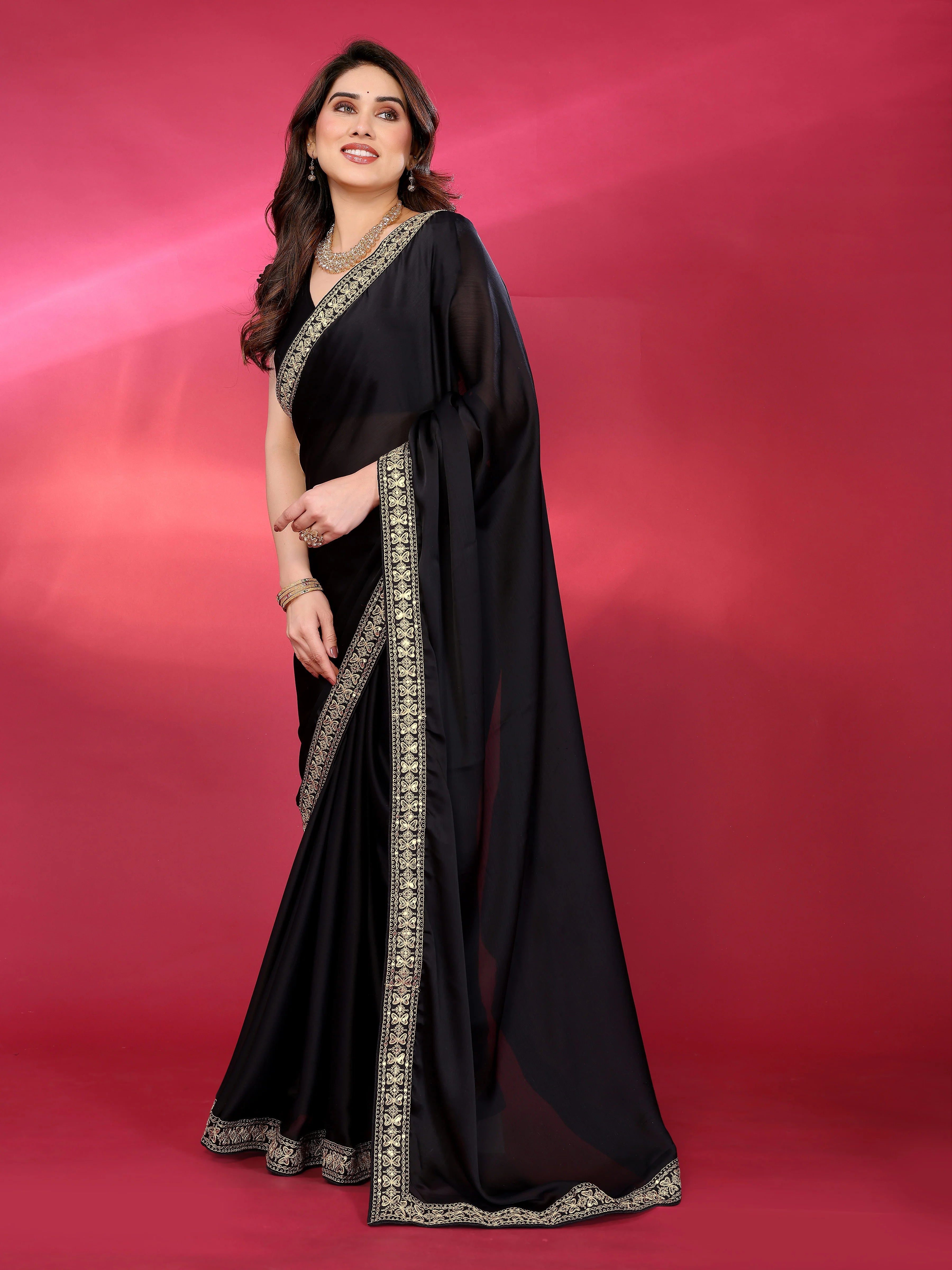 SHYAMIKA Plain Georgette Saree with Embroidery Work Lace