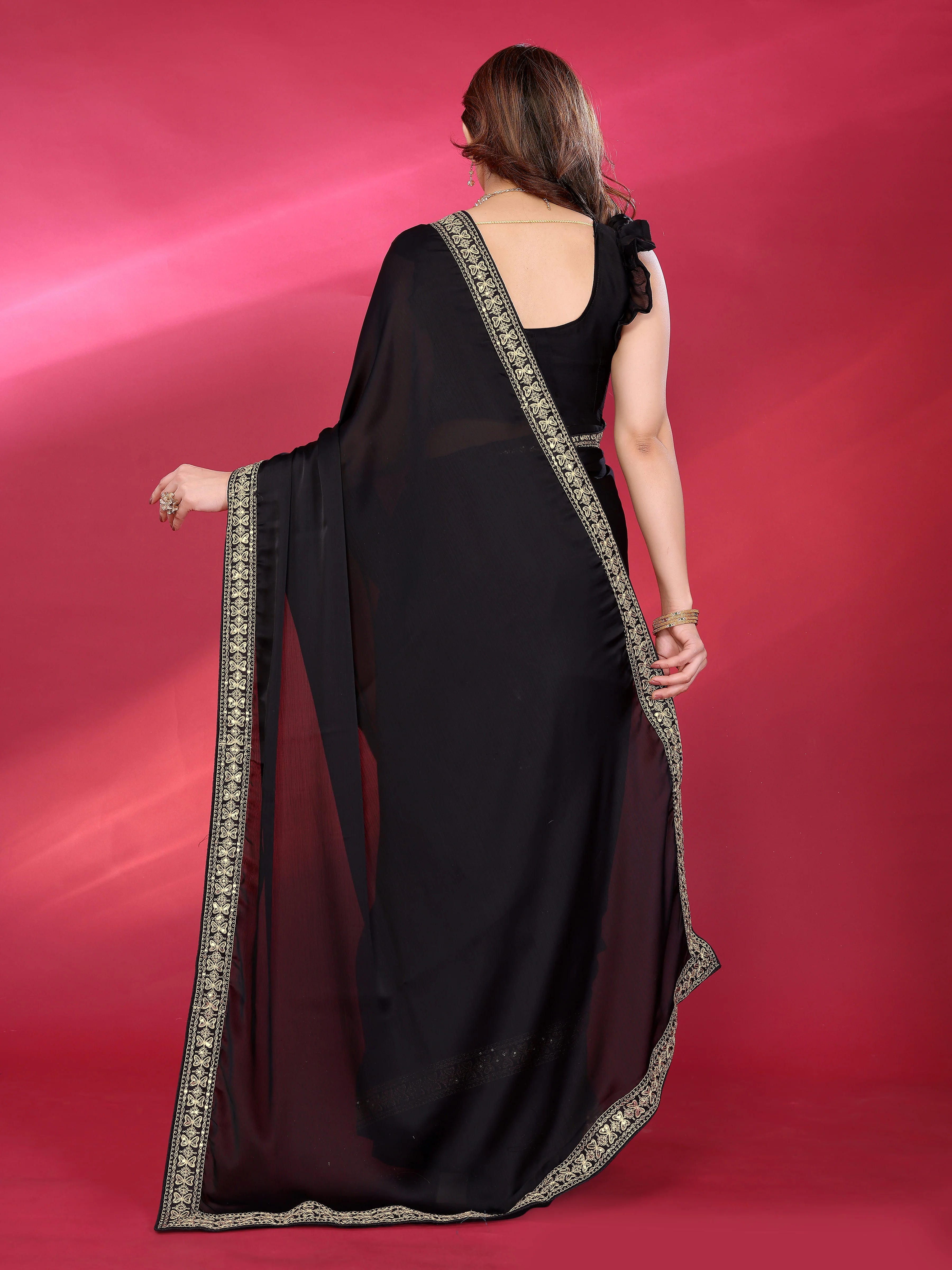 SHYAMIKA Plain Georgette Saree with Embroidery Work Lace