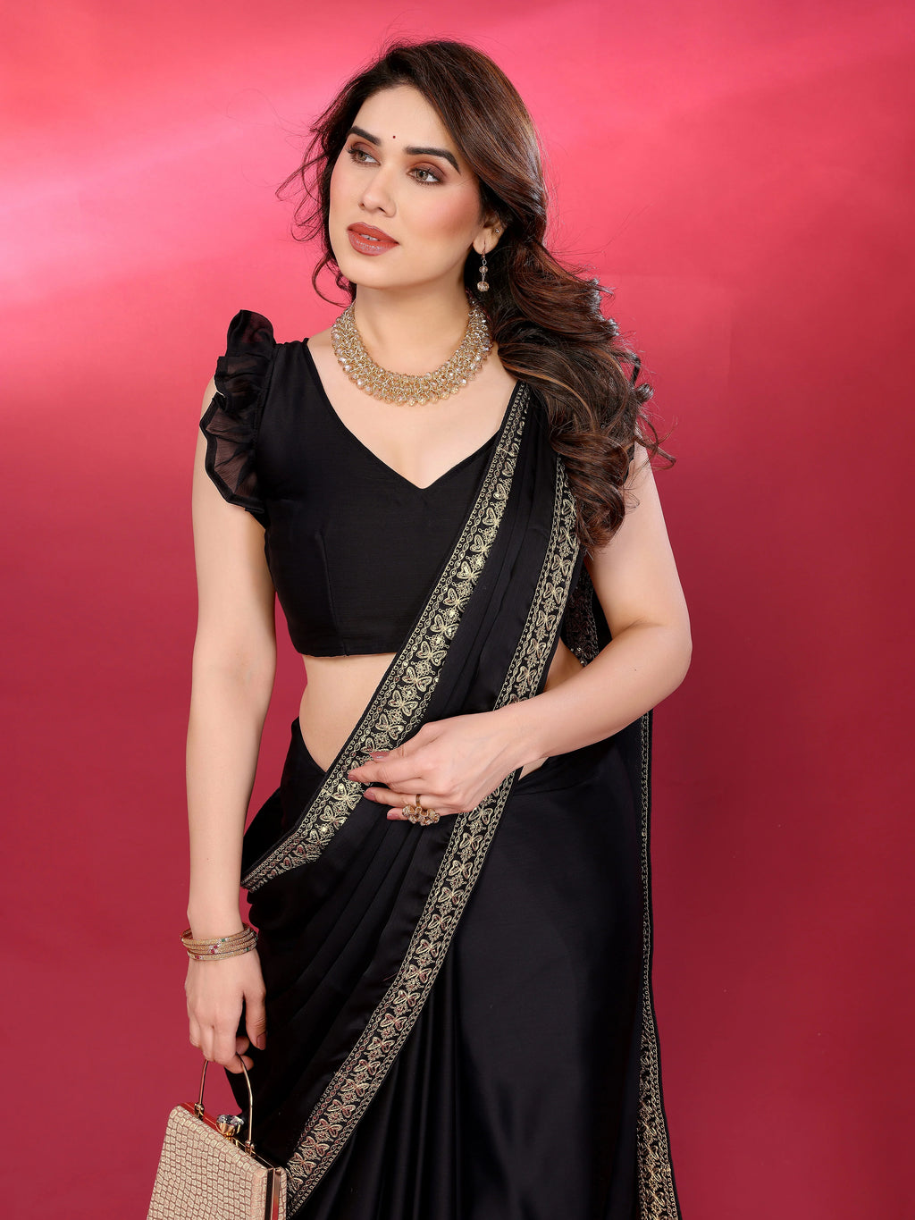 SHYAMIKA Plain Georgette Saree with Embroidery Work Lace