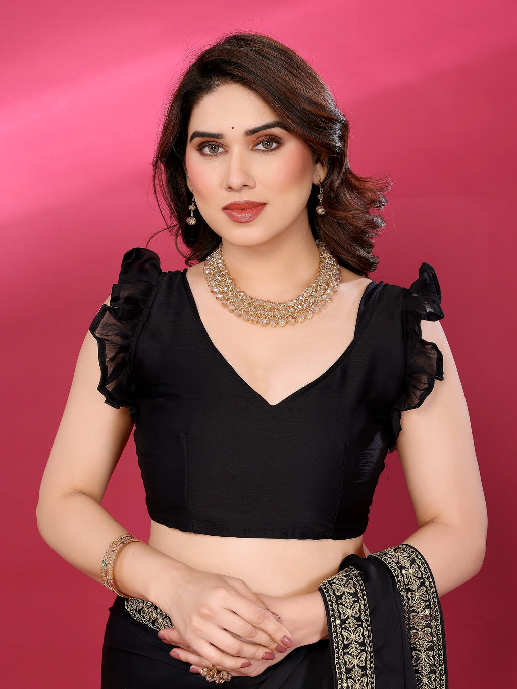SHYAMIKA Plain Georgette Saree with Embroidery Work Lace