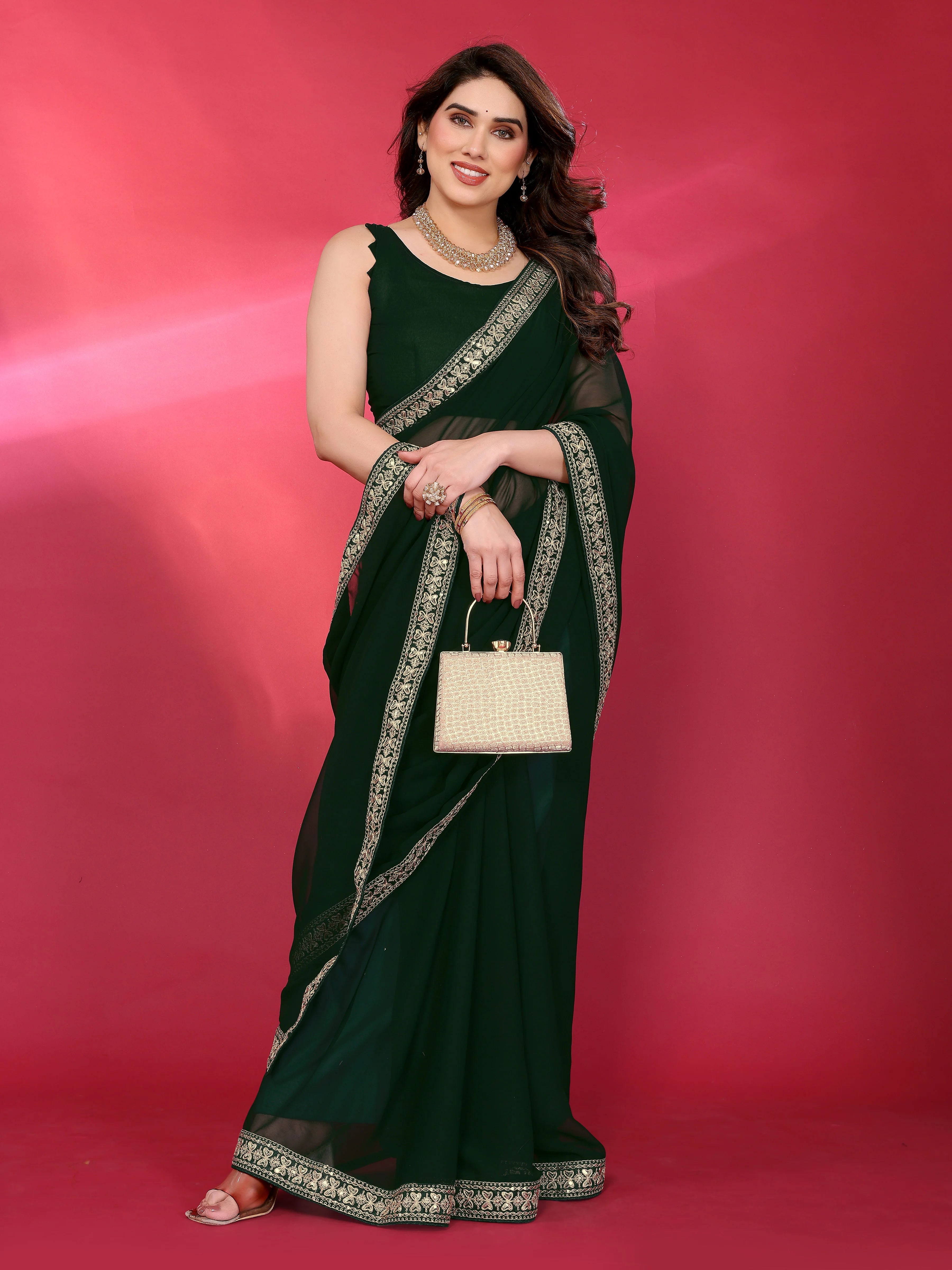 SHYAMIKA Plain Georgette Saree with Embroidery Work Lace