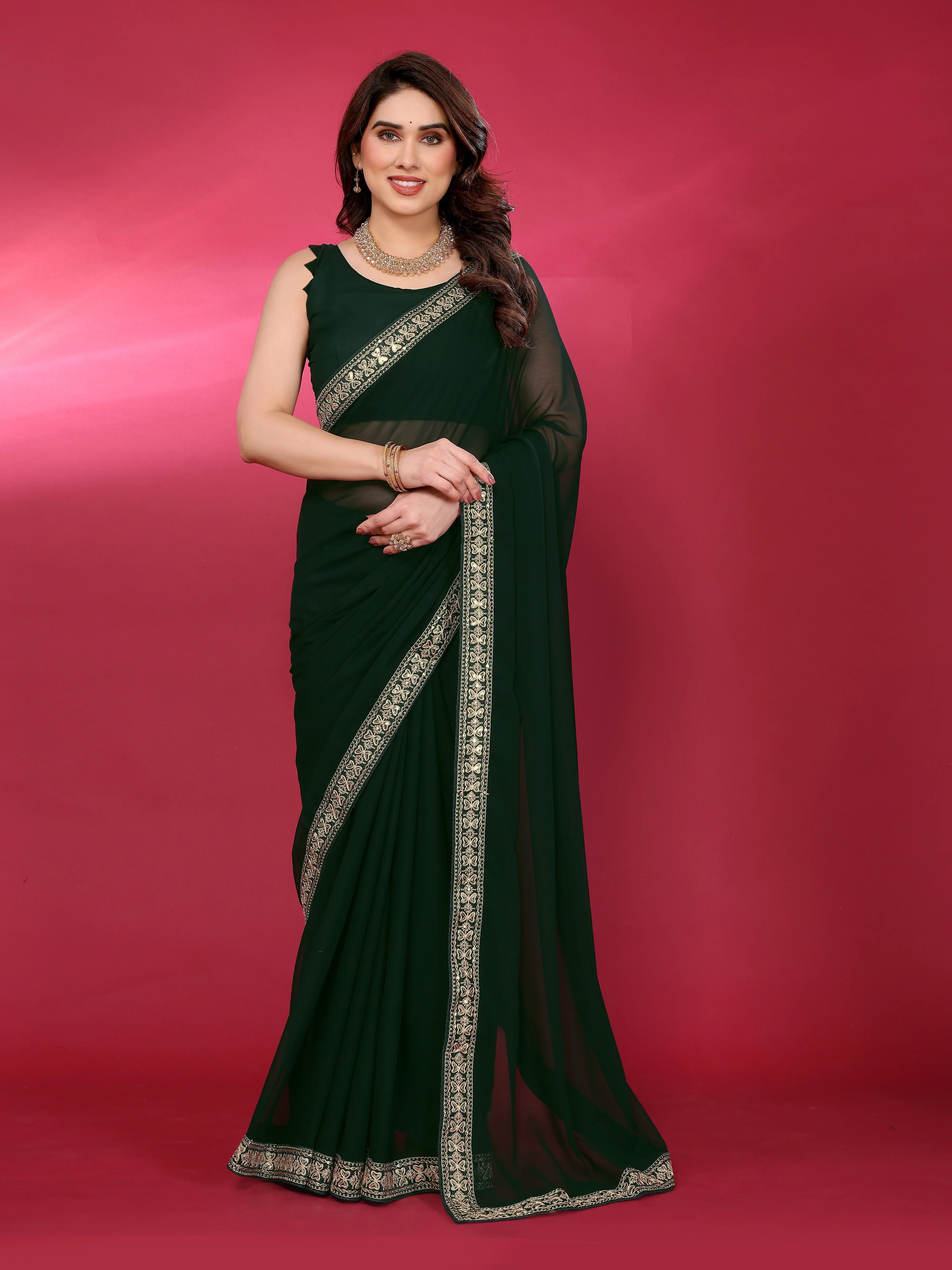 SHYAMIKA Plain Georgette Saree with Embroidery Work Lace