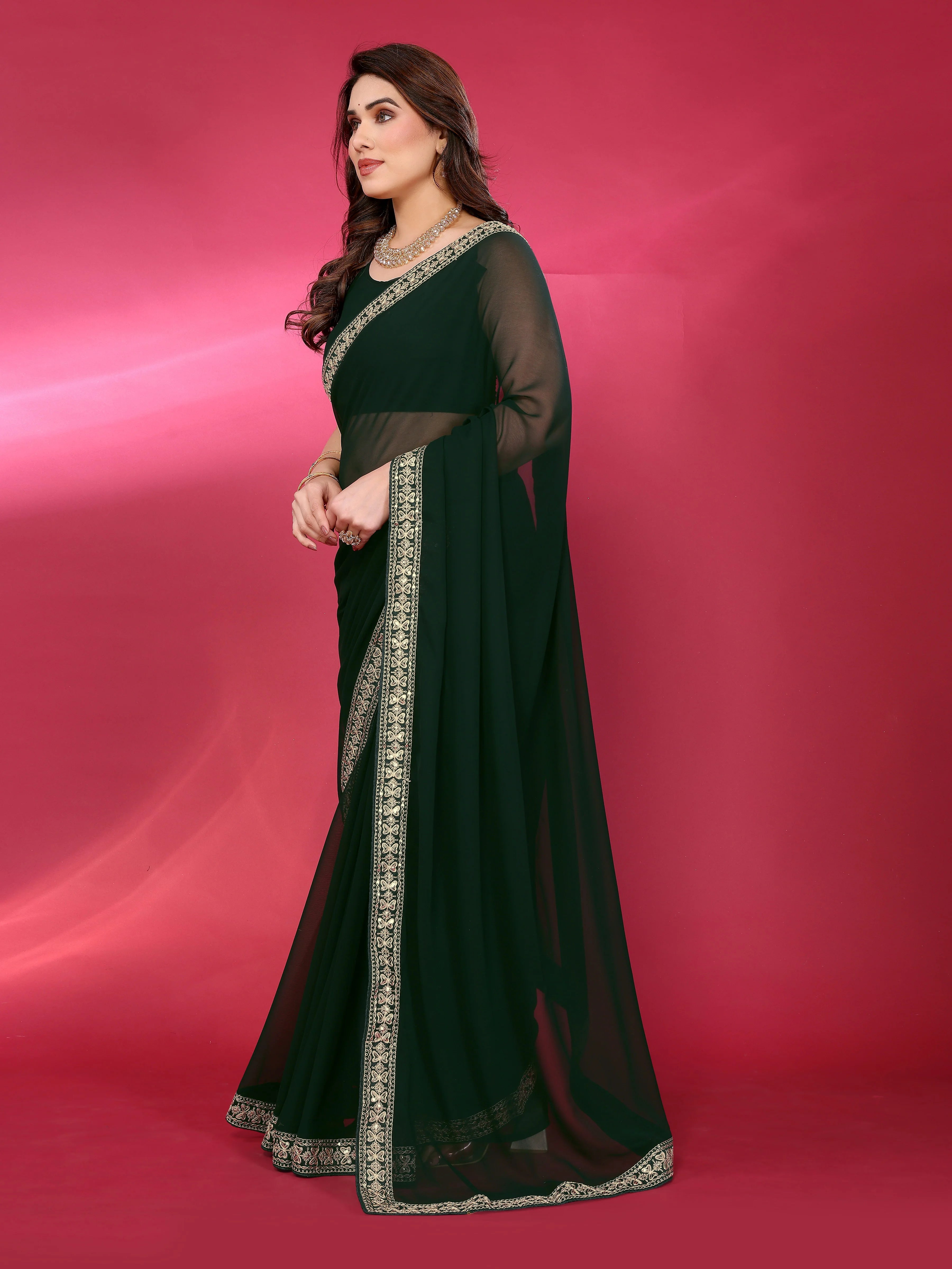 SHYAMIKA Plain Georgette Saree with Embroidery Work Lace