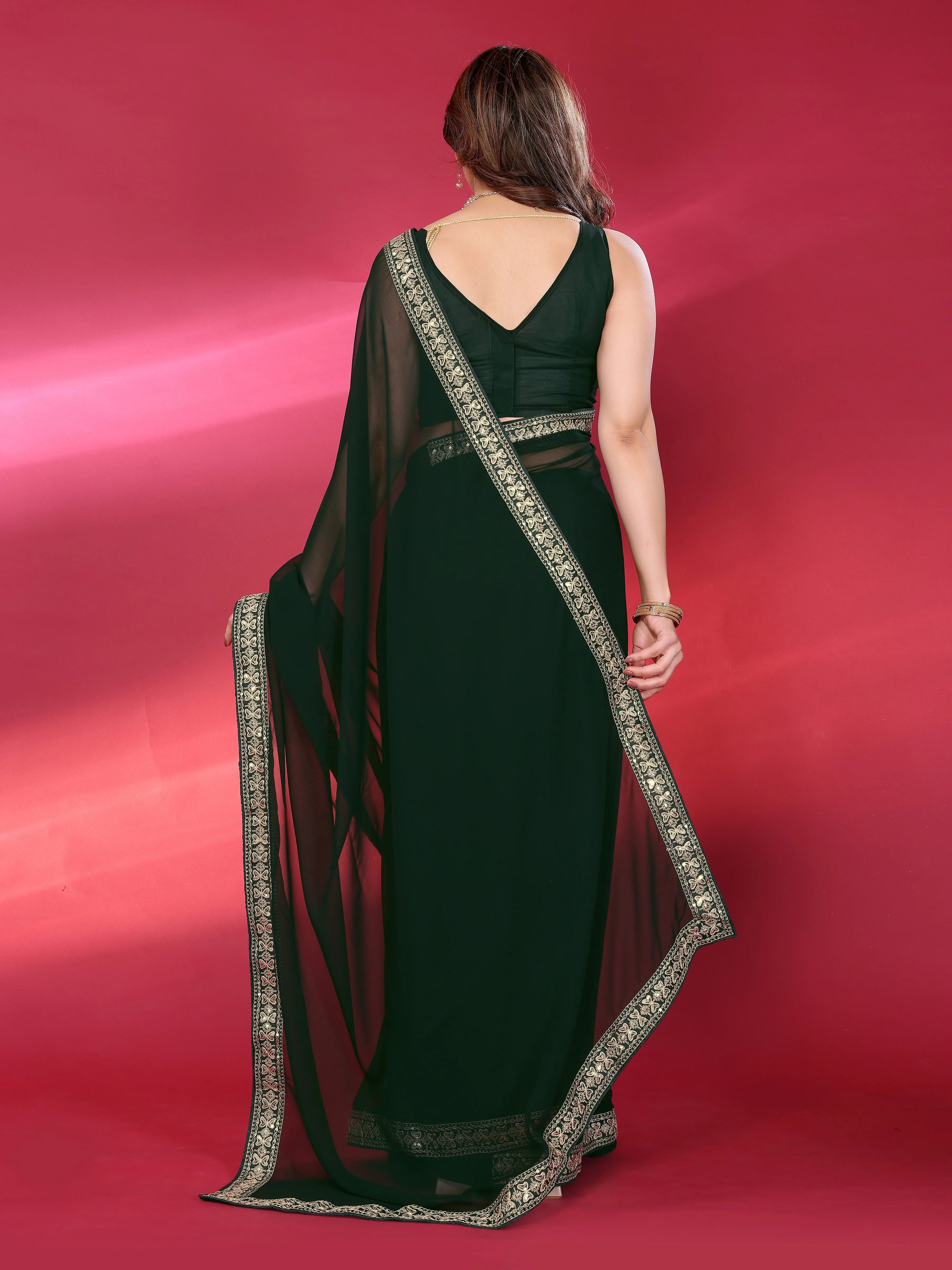 SHYAMIKA Plain Georgette Saree with Embroidery Work Lace