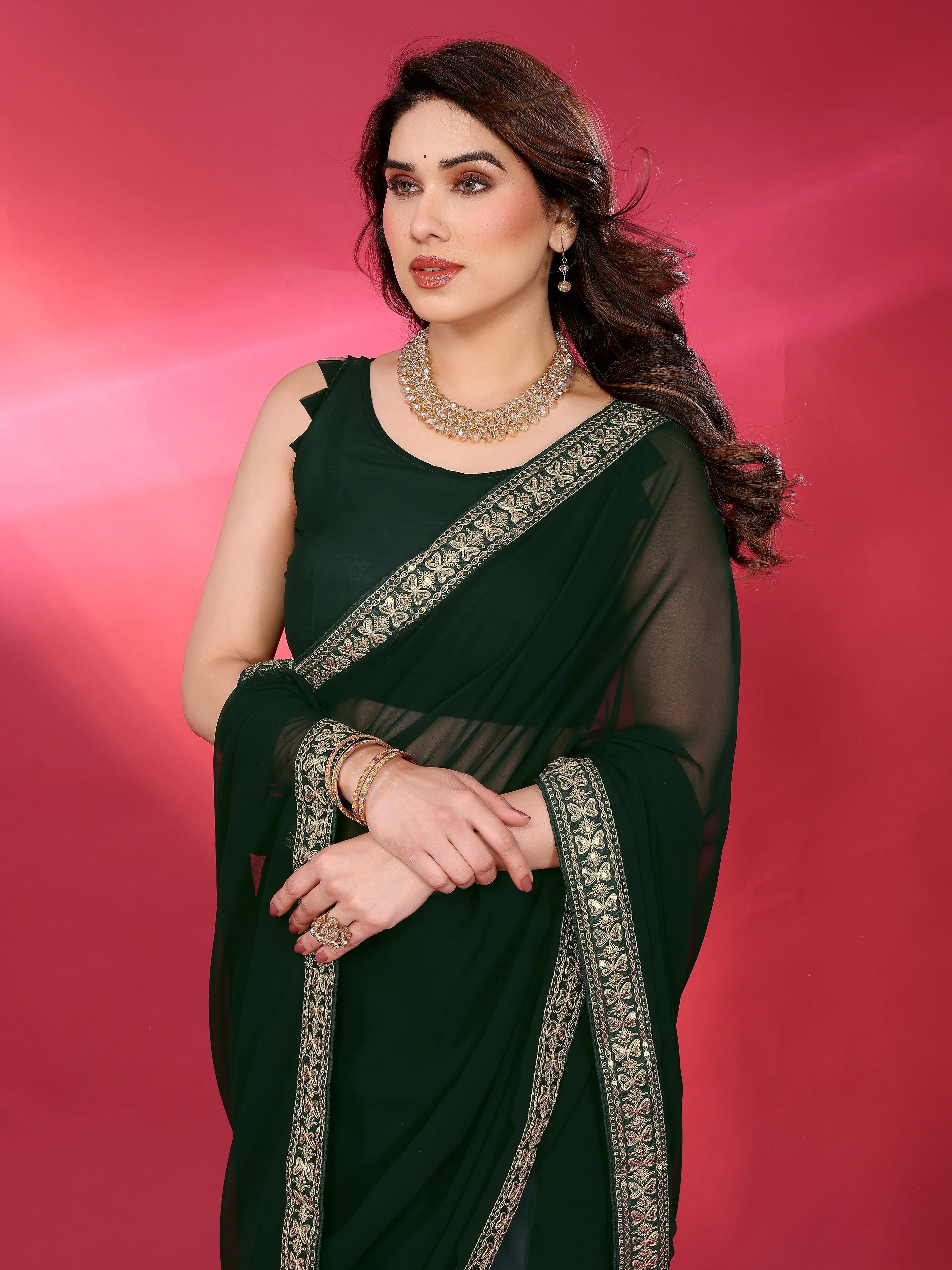 SHYAMIKA Plain Georgette Saree with Embroidery Work Lace