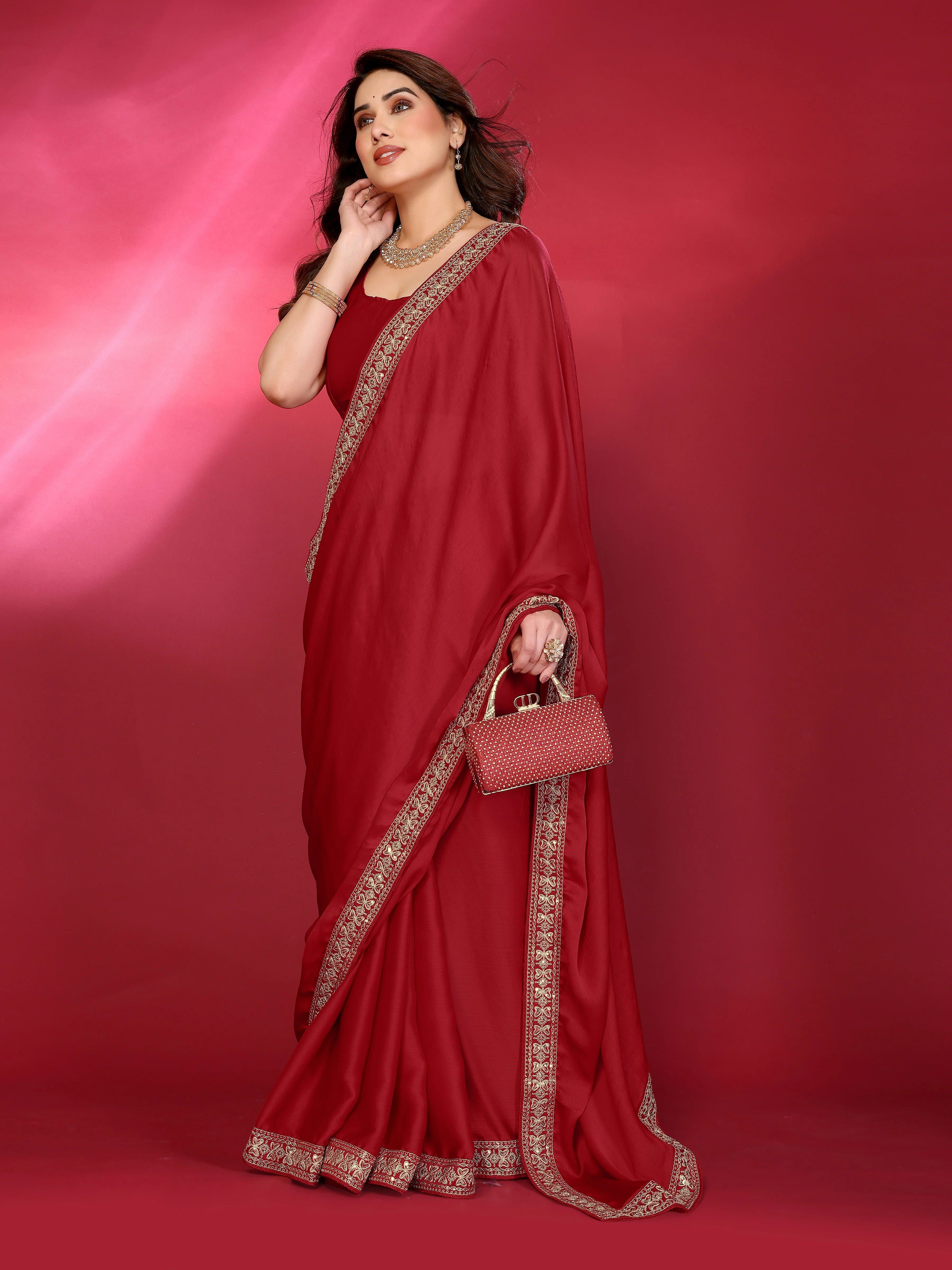 SHYAMIKA Plain Georgette Saree with Embroidery Work Lace