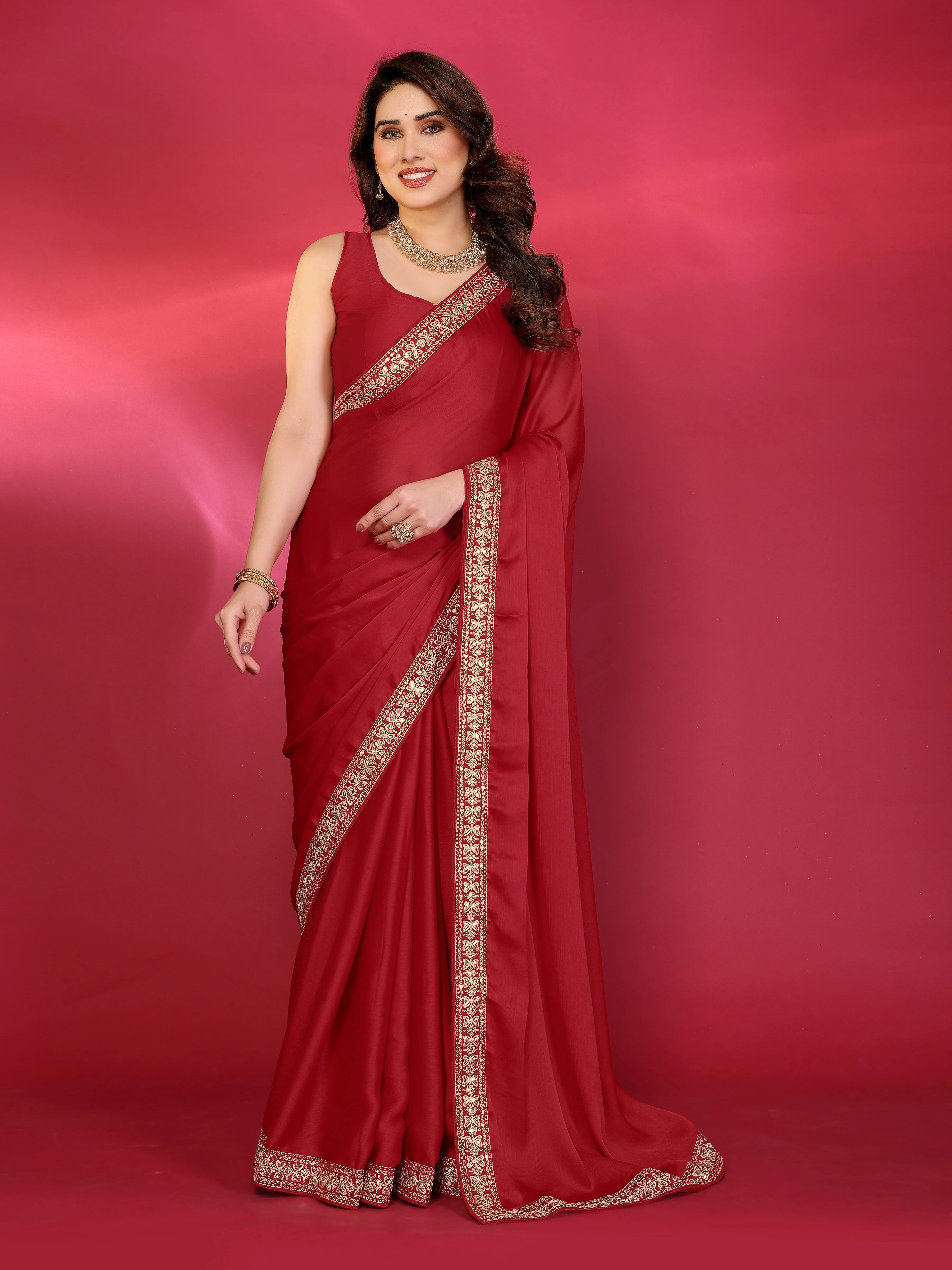 SHYAMIKA Plain Georgette Saree with Embroidery Work Lace