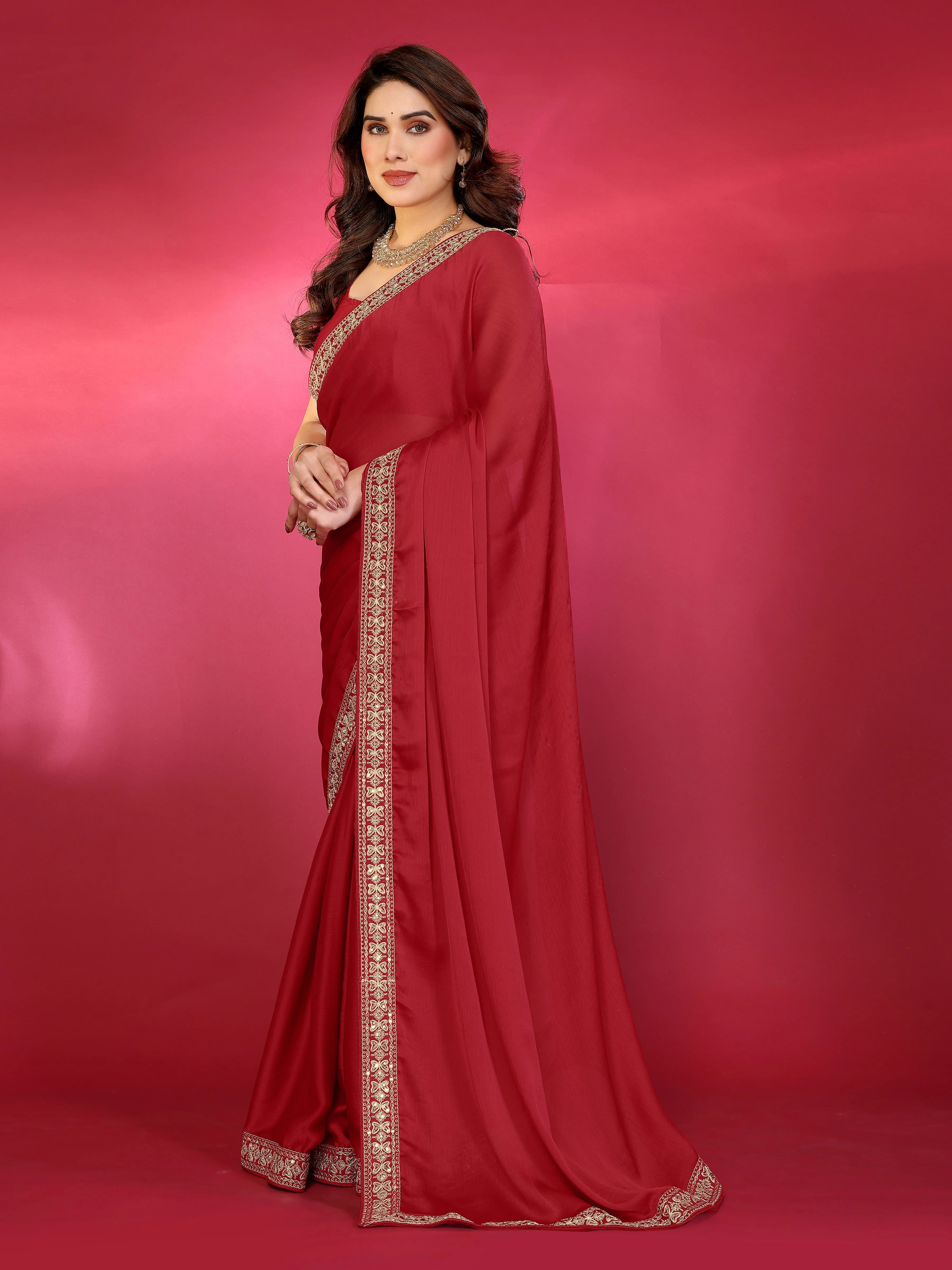 SHYAMIKA Plain Georgette Saree with Embroidery Work Lace