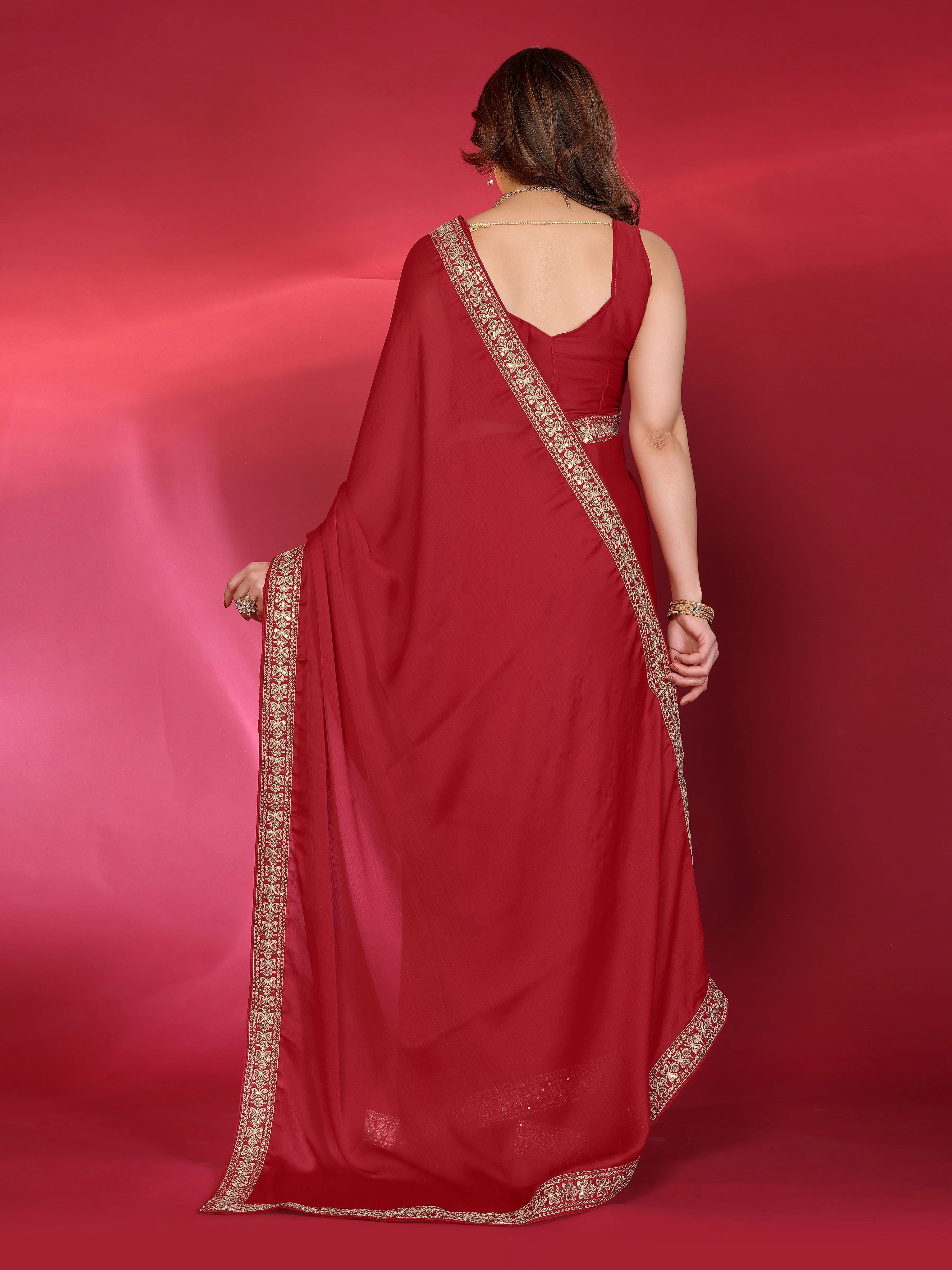 SHYAMIKA Plain Georgette Saree with Embroidery Work Lace