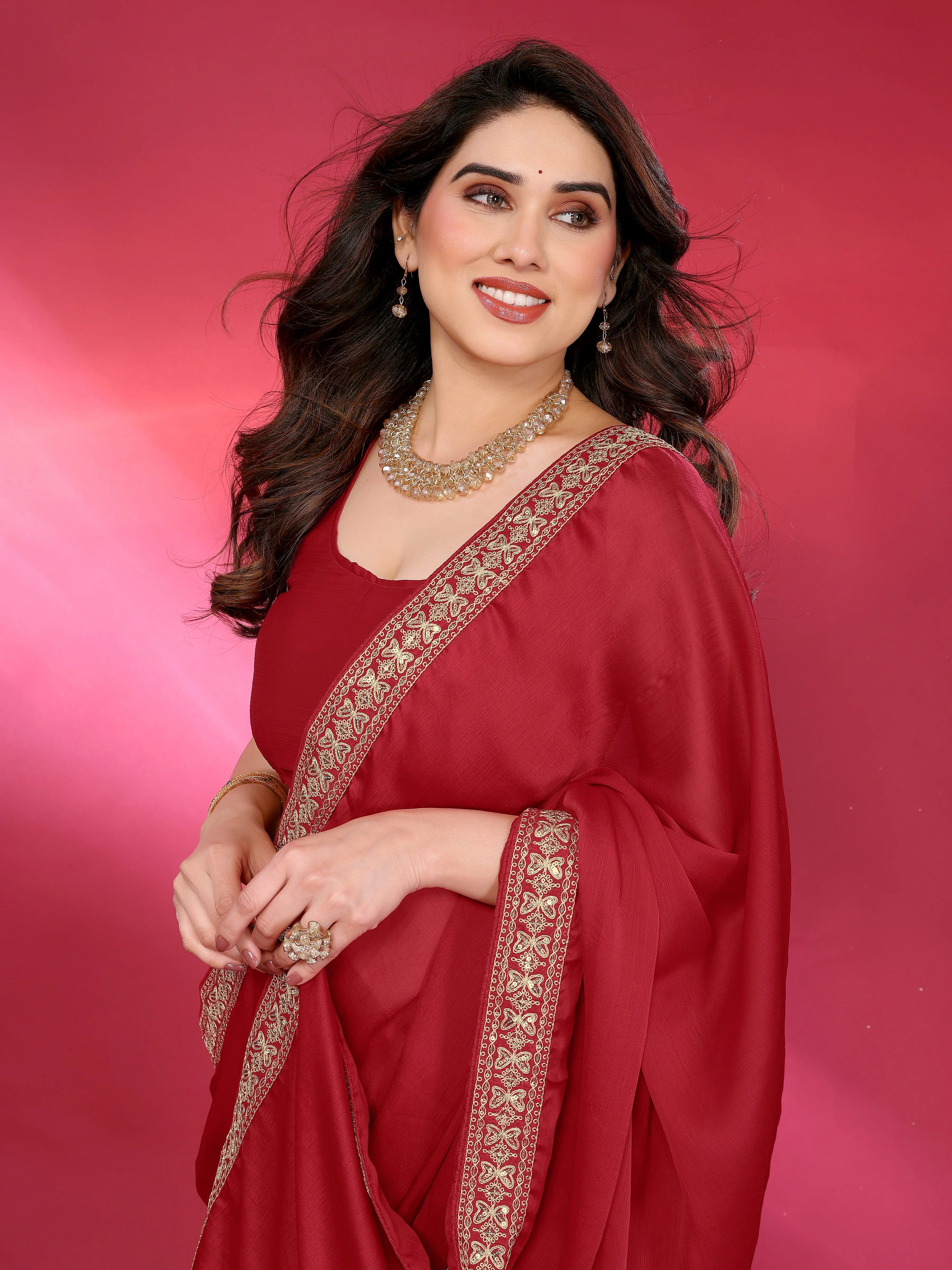 SHYAMIKA Plain Georgette Saree with Embroidery Work Lace
