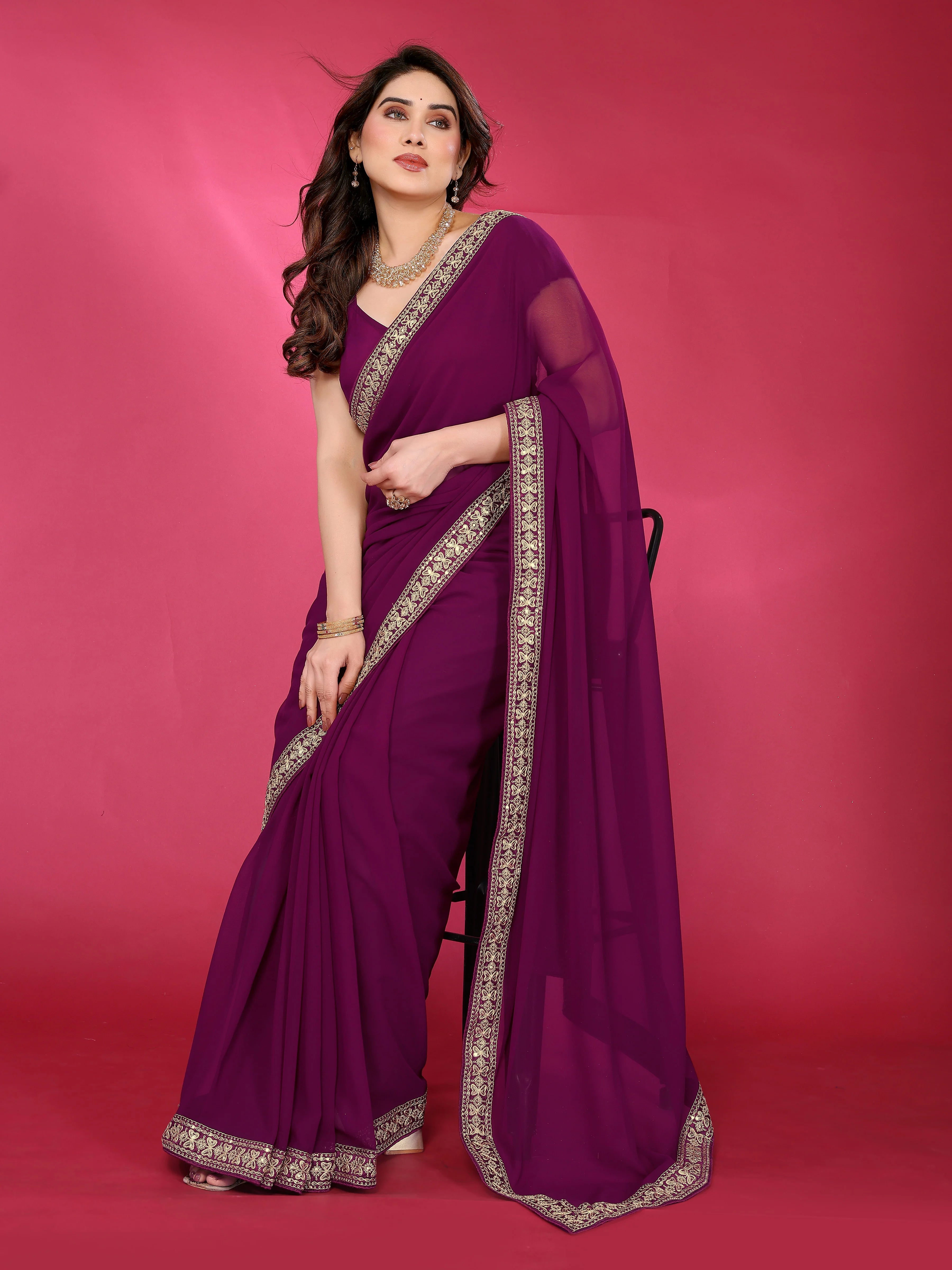 SHYAMIKA Plain Georgette Saree with Embroidery Work Lace