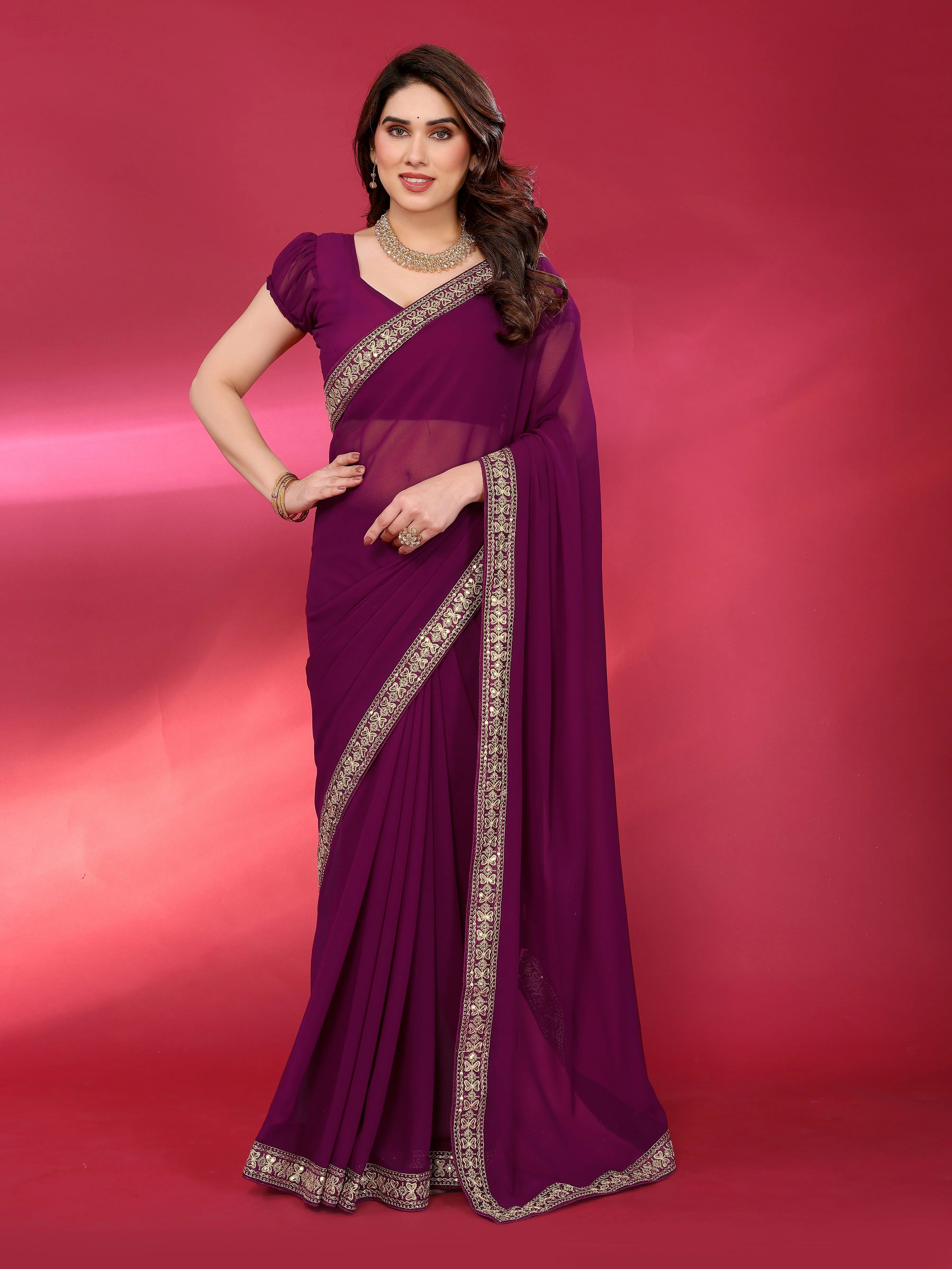 SHYAMIKA Plain Georgette Saree with Embroidery Work Lace