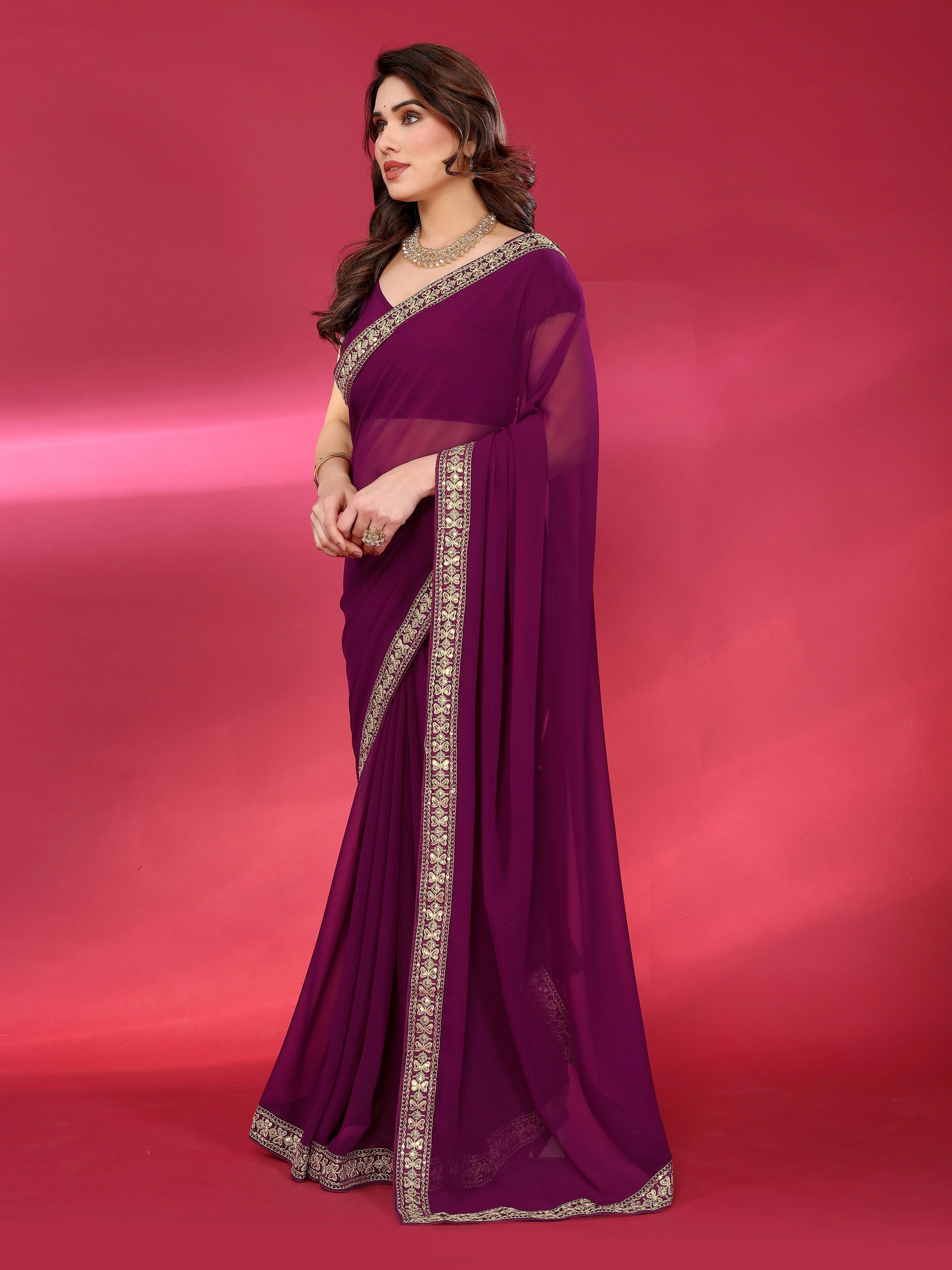 SHYAMIKA Plain Georgette Saree with Embroidery Work Lace
