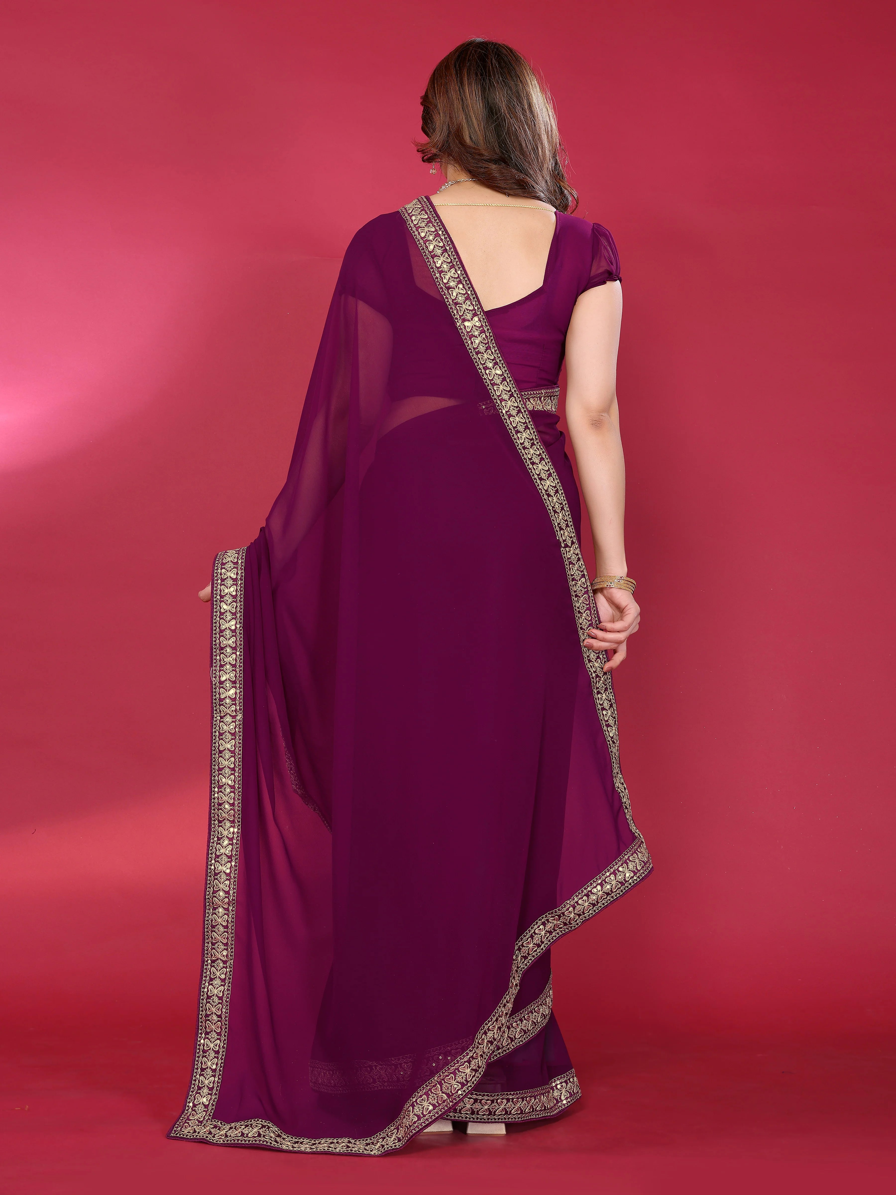 SHYAMIKA Plain Georgette Saree with Embroidery Work Lace