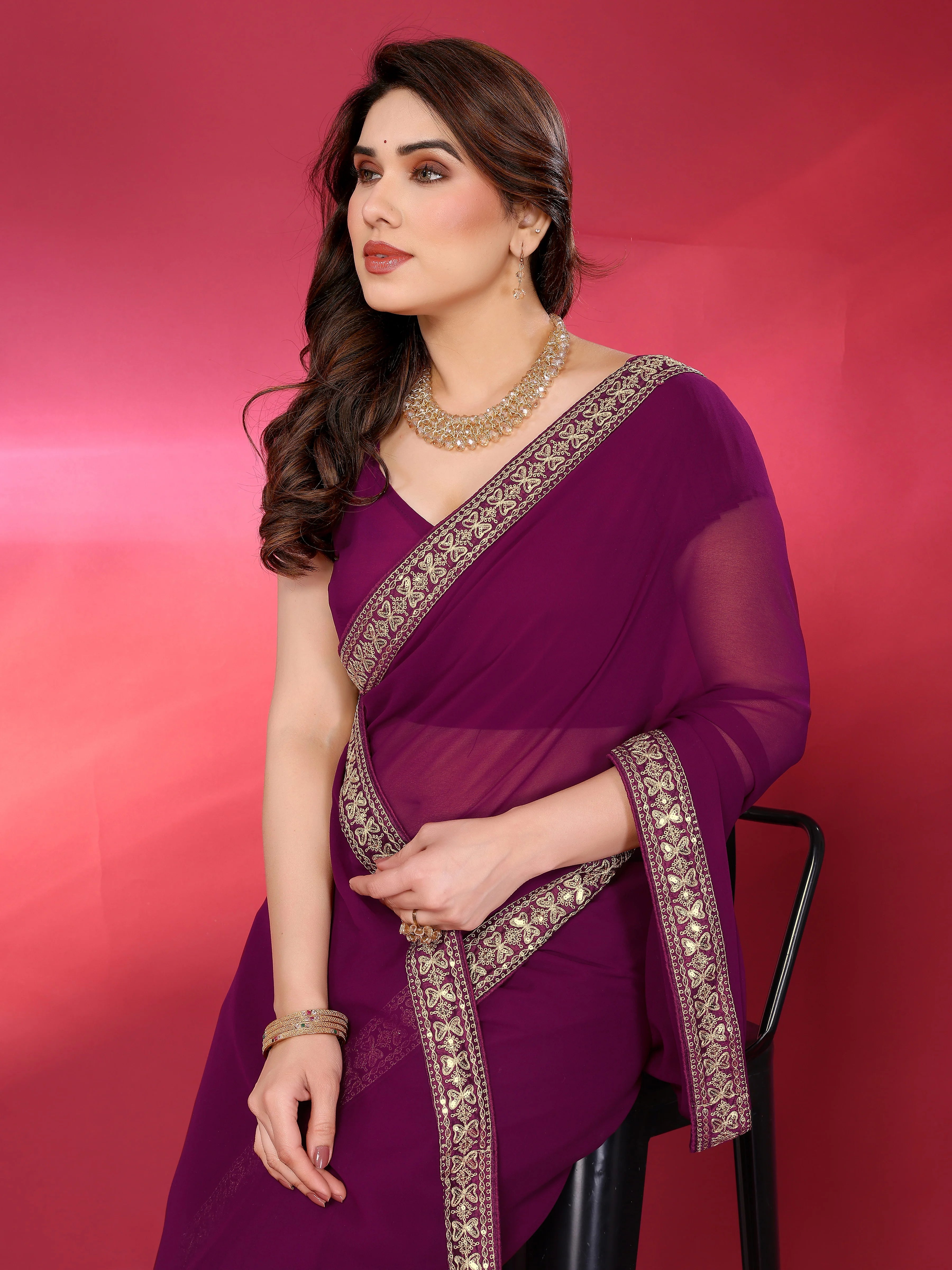 SHYAMIKA Plain Georgette Saree with Embroidery Work Lace