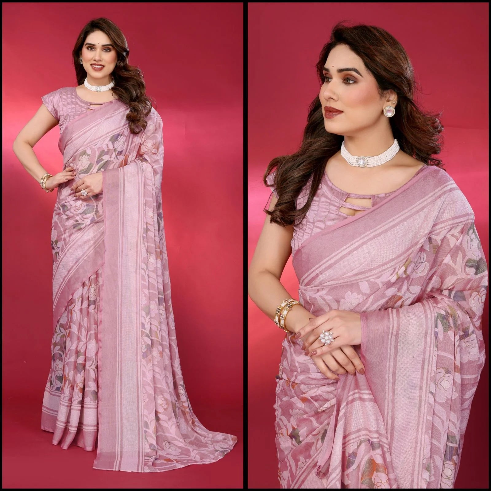 SHYAMIKA Chiffon Brasso Printed Saree with Foil Work & Embroidered Blouse