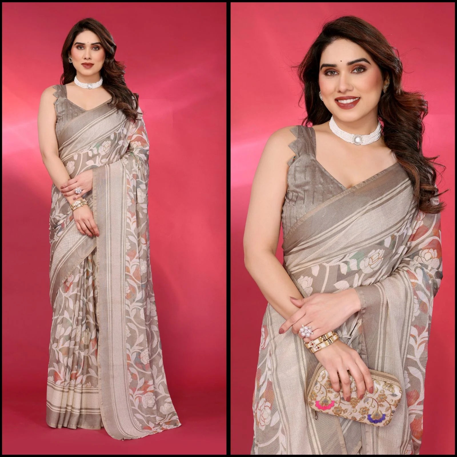SHYAMIKA Chiffon Brasso Printed Saree with Foil Work & Embroidered Blouse