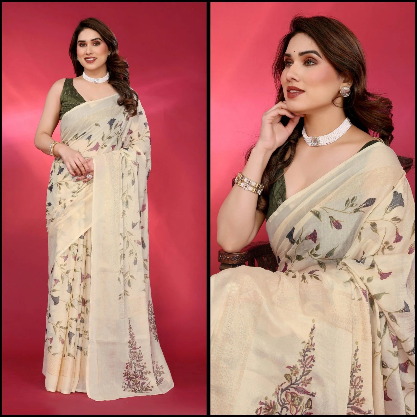 SHYAMIKA Chiffon Brasso Printed Saree with Foil Work & Embroidered Blouse