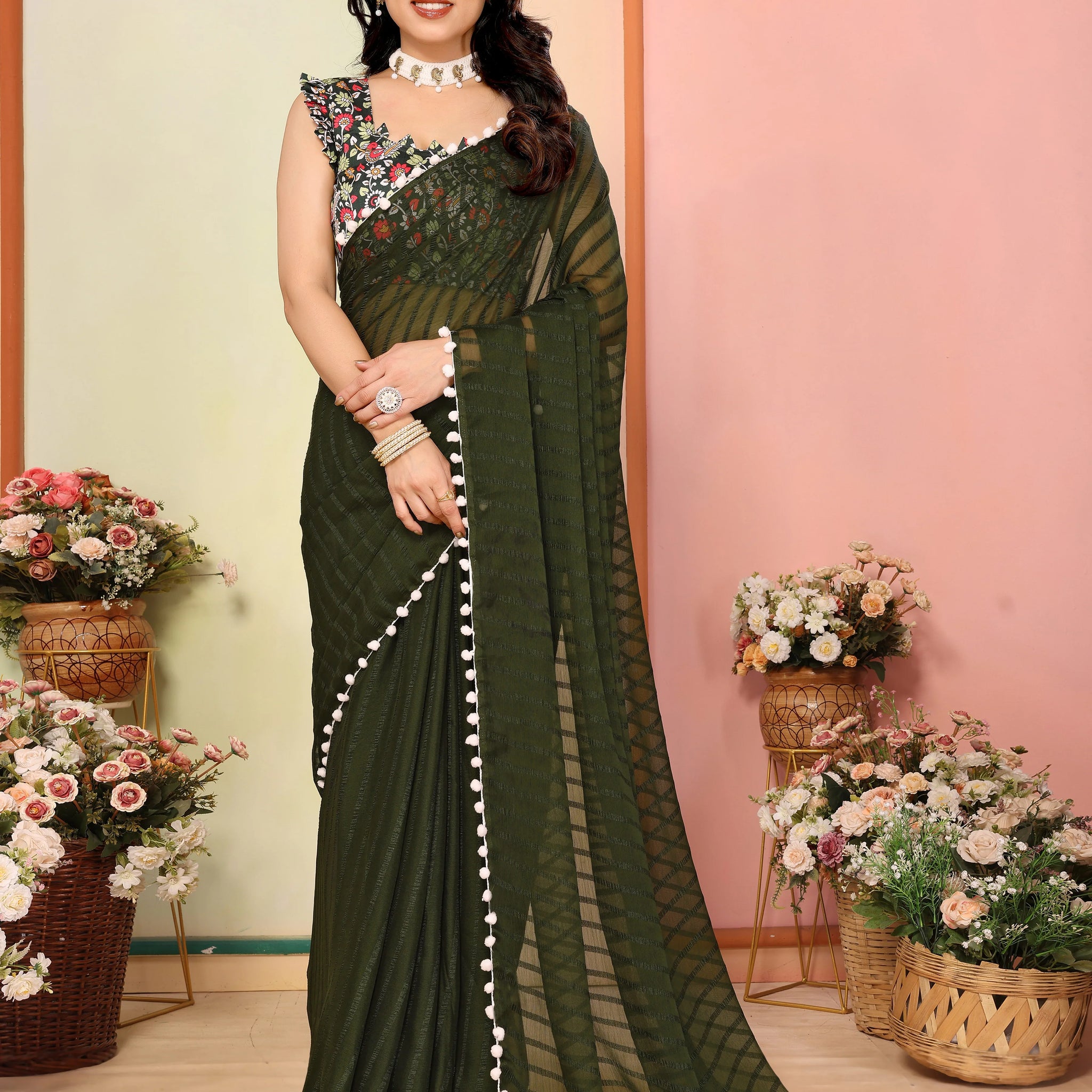SHYAMIKA Georgette Patta Plain Saree with Digital Print Blouse