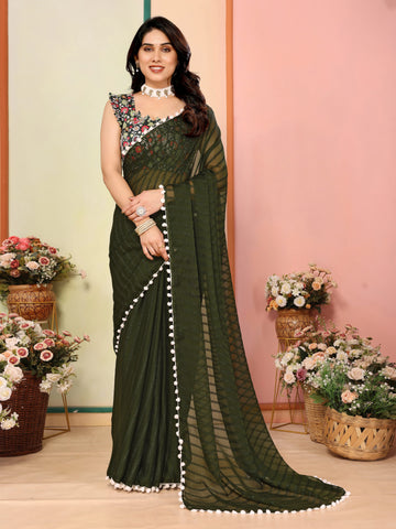 SHYAMIKA Georgette Patta Plain Saree with Digital Print Blouse