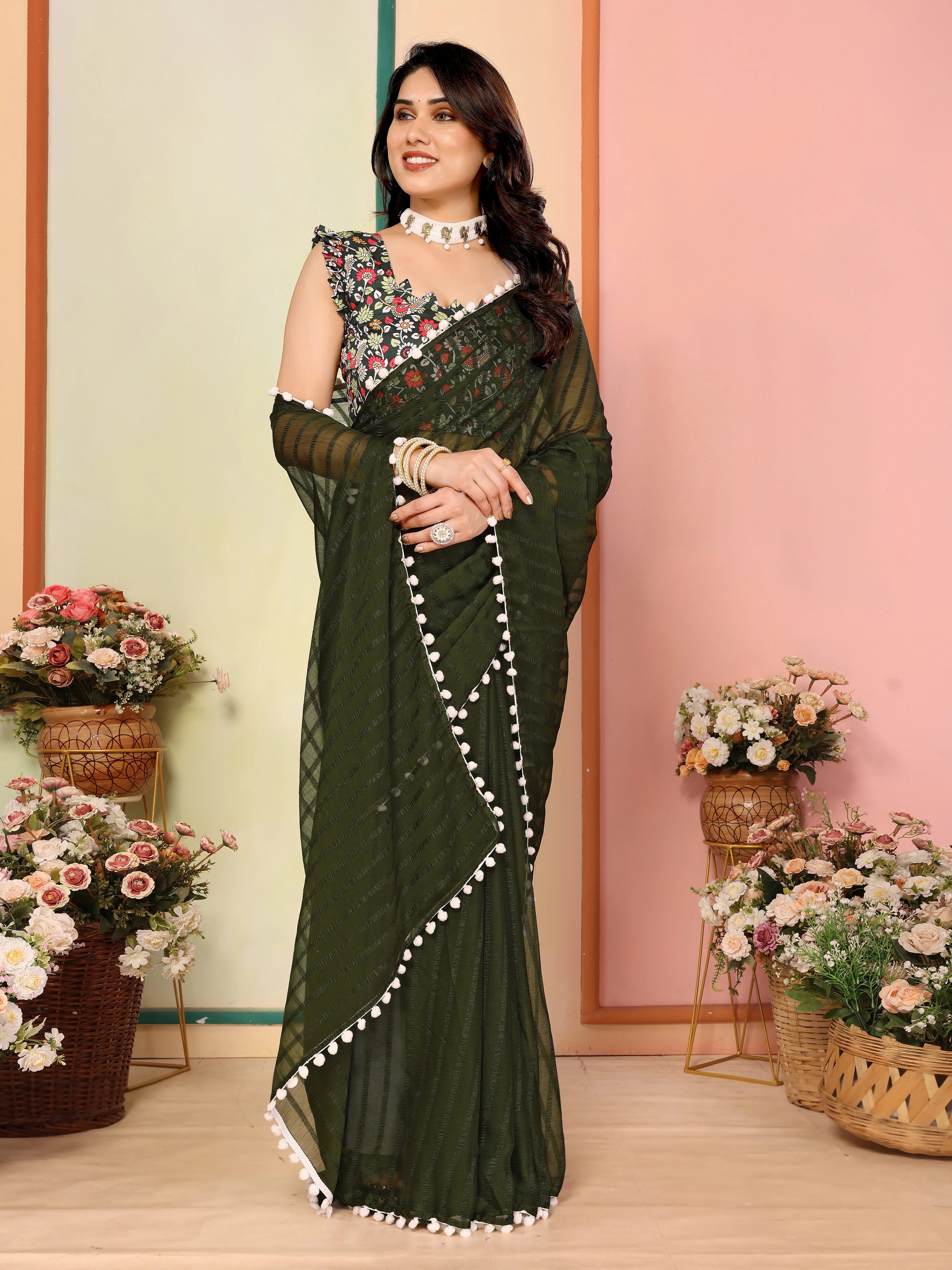 SHYAMIKA Georgette Patta Plain Saree with Digital Print Blouse